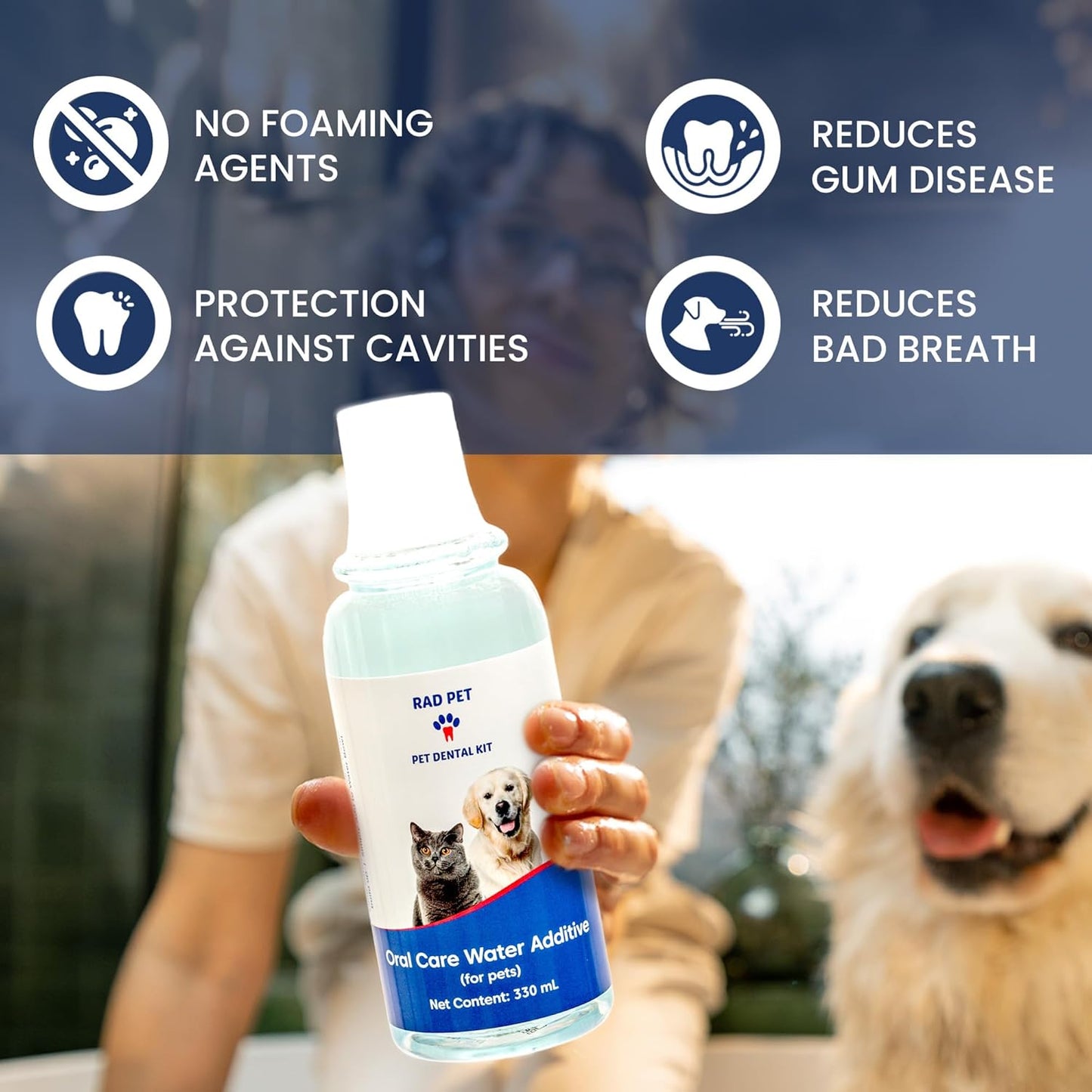 Rad Health Water Additive – Dog Dental Water Additive for Fresh Breath, Plaque & Tartar Control, Easy Mouthwash for Dogs & Cats, 330ml Formula Supports Daily Oral Hygiene, No Brushing Needed