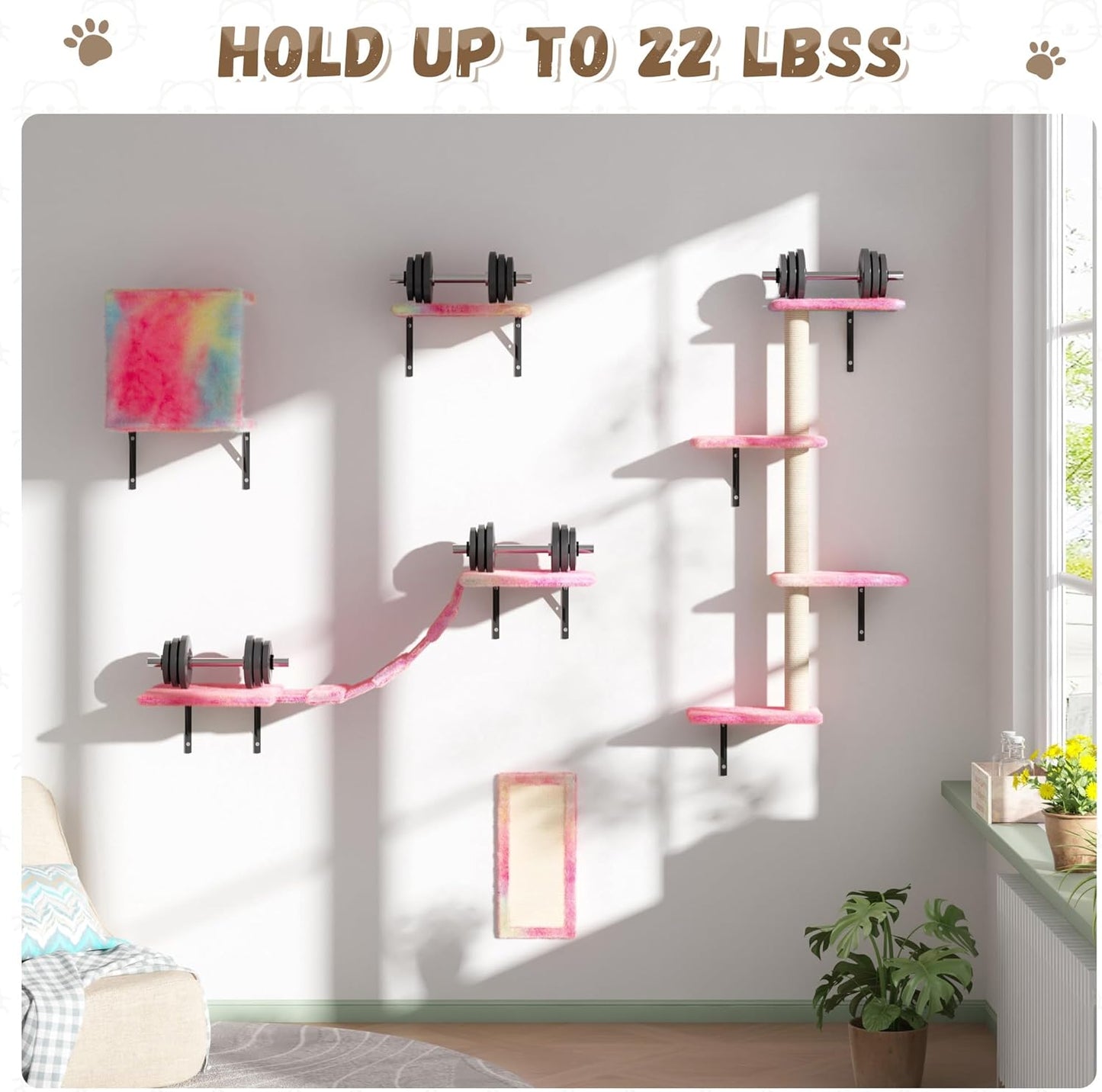 COZIWOW Wall Mounted Cat Furniture, Cat Wall Shelves and Perches, Floating Cat Shelves for Wall Set of 5 (Colorful)