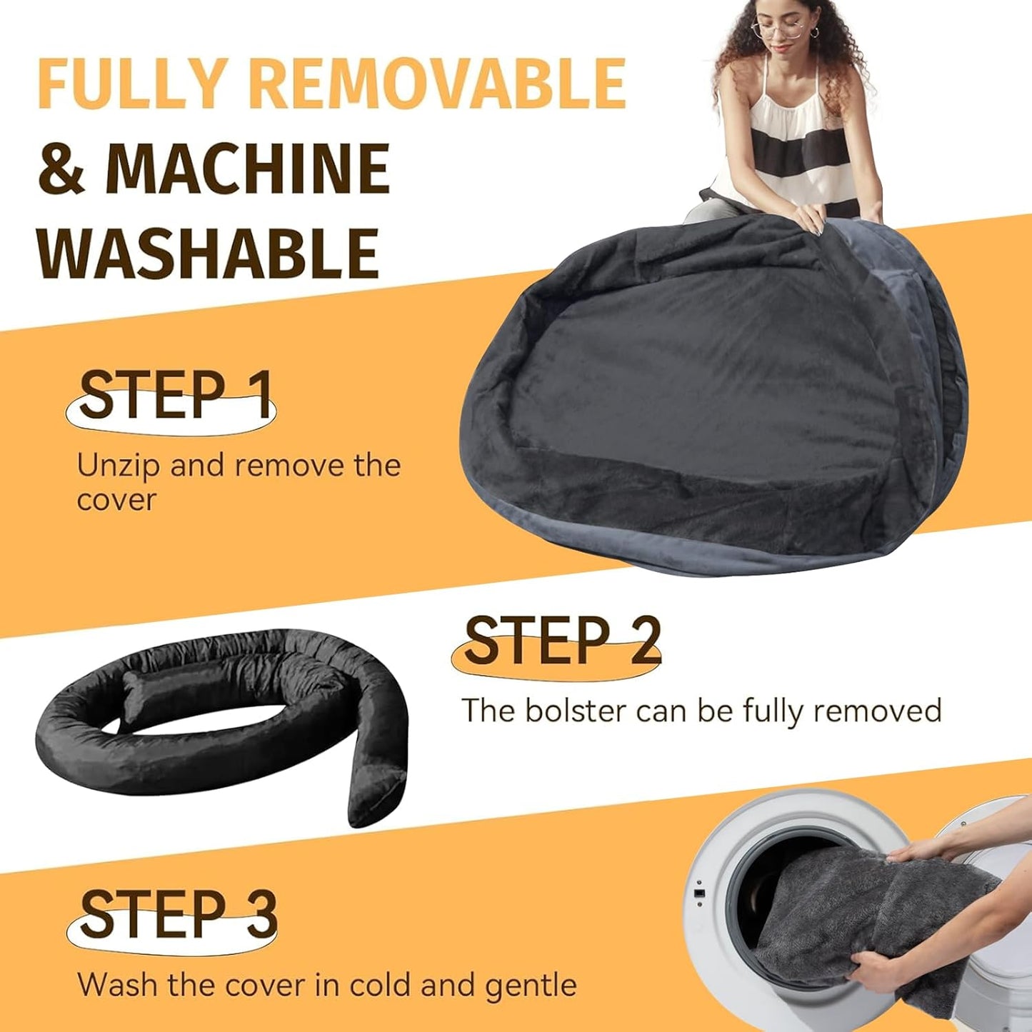 Orthopedic Washable Large Dog Bed: Cooling Dog Bed with Bolsters - Jumbo Bed Waterproof Removable Cover Non-Slip Pet Bed for Extra Large Sized