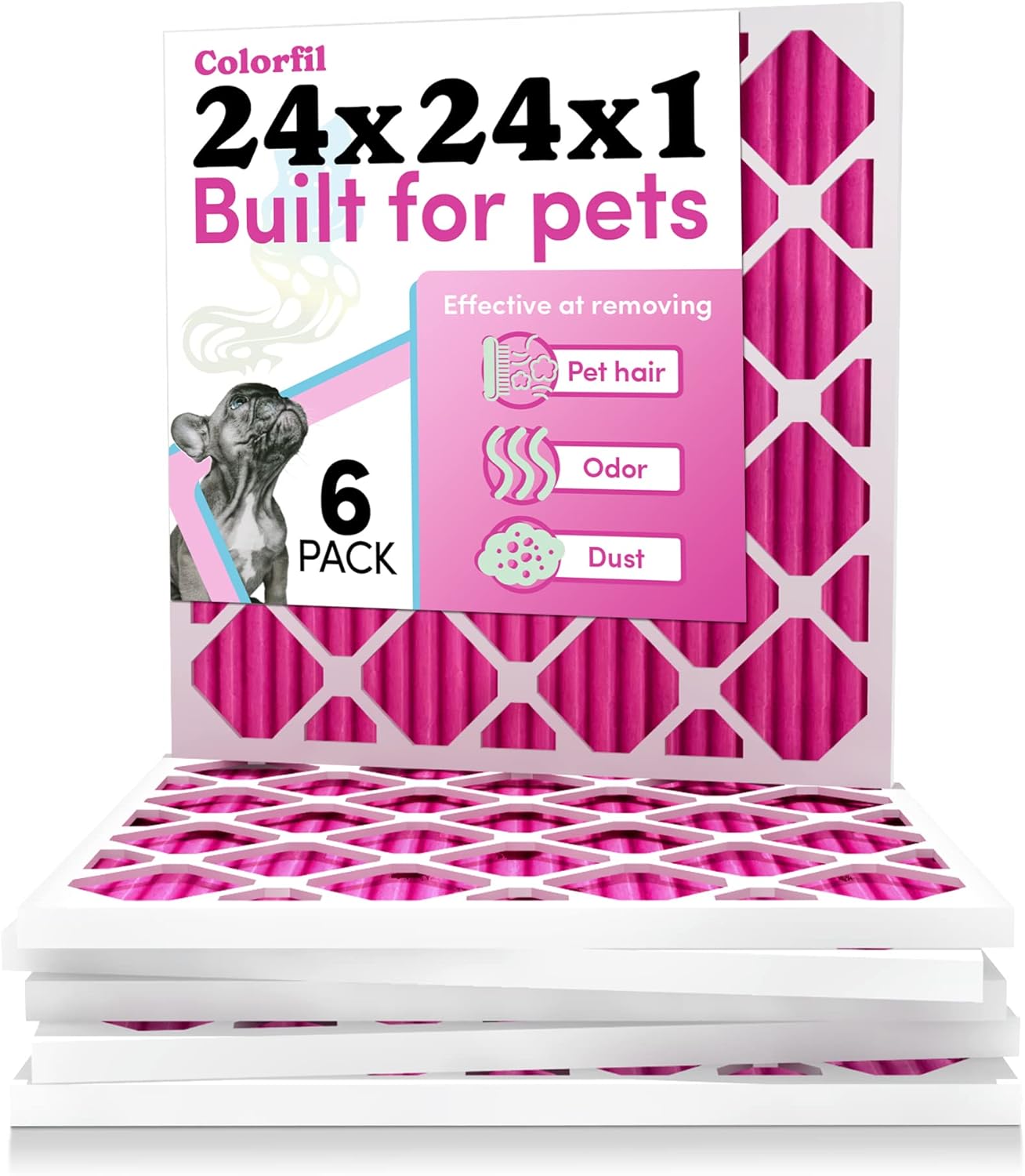 Colorfil 24x24x1 Air Filter (6-Pack) | Made in the USA | Color Changing | Remove Cat and Dog Odor | MERV 8 for Pet Hair Dander and Dust | 23.5"x23.5"x0.75" Exact Size