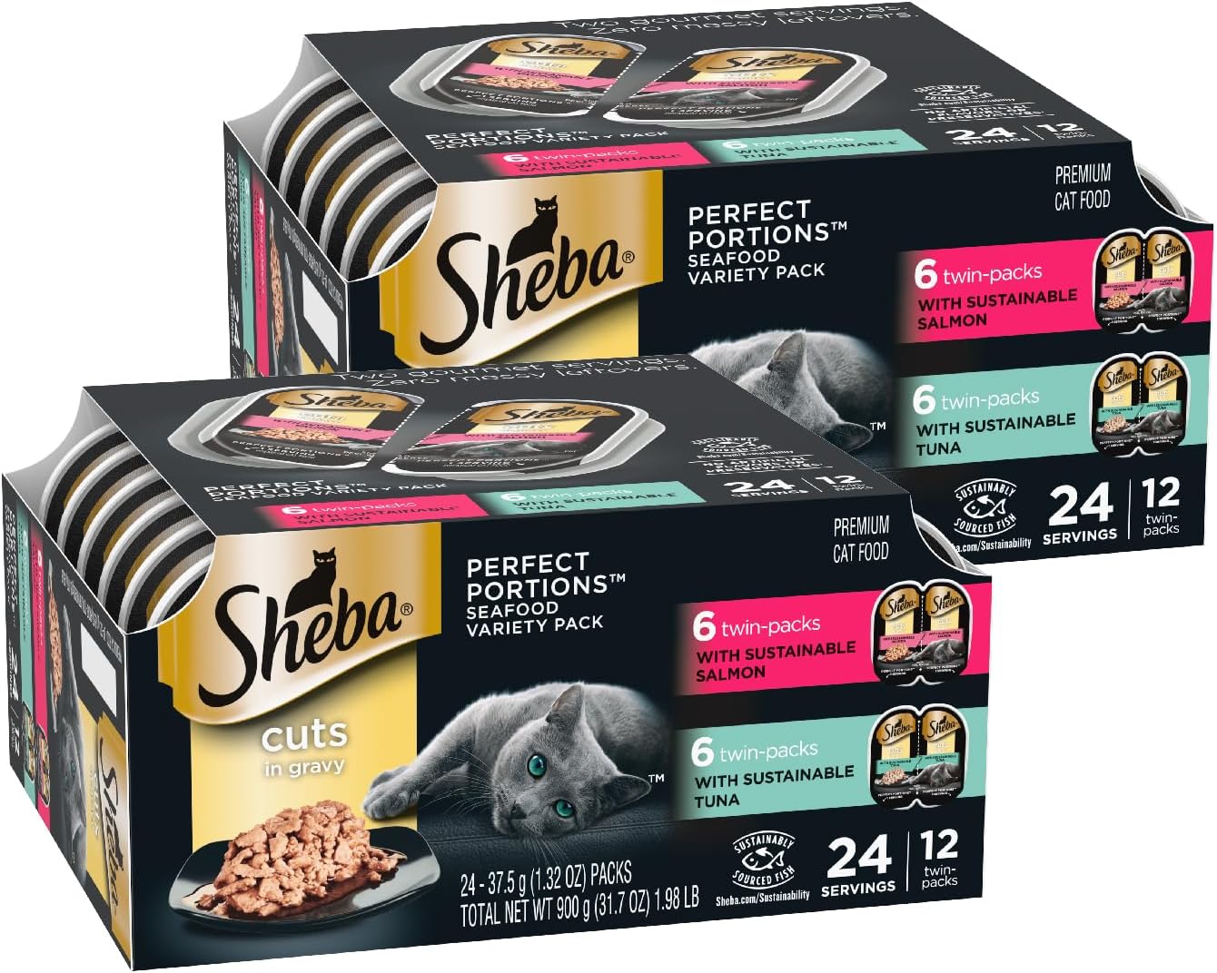 Sheba Perfect Portions Wet Cat Food Cuts in Gravy Variety Pack, with Sustainable Tuna and with Sustainable Salmon, 2.6 oz. Twin-Pack Trays (12 Count, 24 Servings) (Pack of 2)