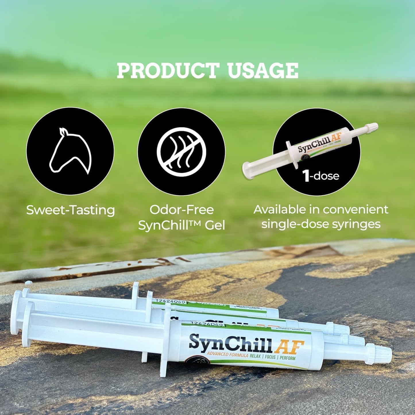 SynChill AF Calming Gel for Nervous Horses - Single Serving - Advanced Formula with L-Theanine, Increased Potency, 100% Natural Supplement, Disposition & Confidence Support for Horses - 25 Pack