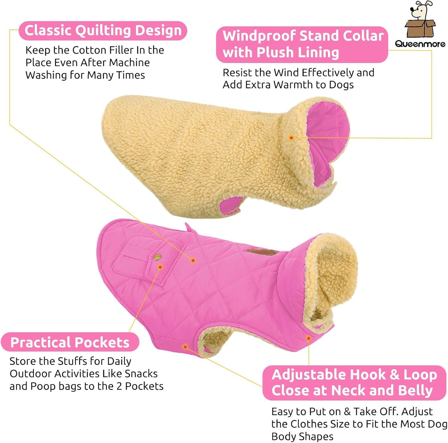 Queenmore Dog Winter Coat - Fleece Jacket, Waterproof Cold Weather Clothes, Thick Warm Cotton Padding, Easy On Storage Pockets (Pink, X-Large)