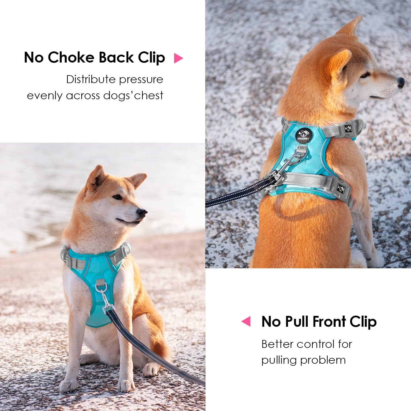 PHOEPET No Pull Dog Harness, Unique Colors Reflective Adjustable Dog Vest, with Soft Training Handle Metal Clips for Small Medium Large Dogs (Mint Green Base & Grey Straps,S)