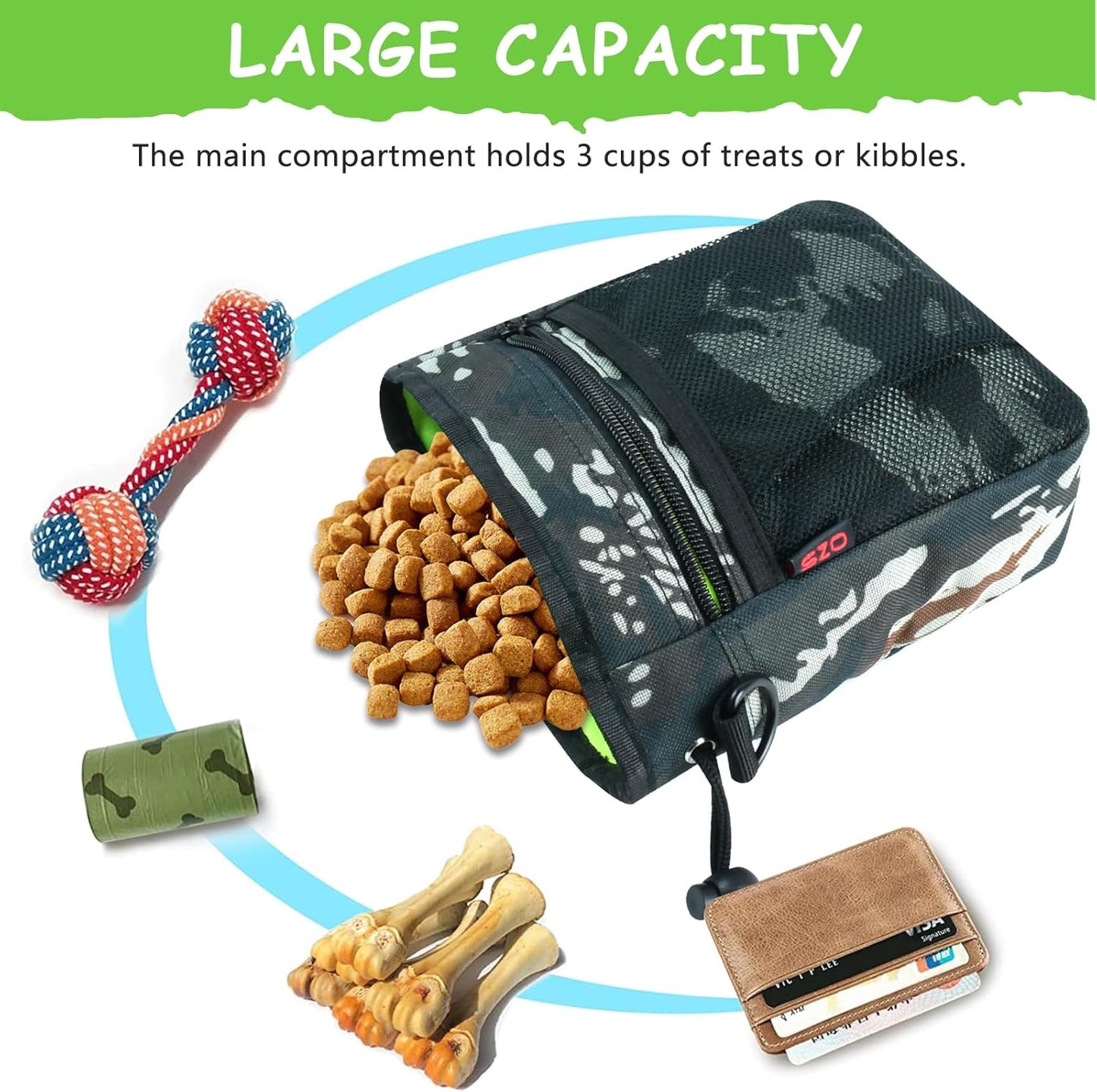 Dog Treat Pouch - 3 Ways to Wear Treat Pouches for Pet Training and 2 Pieces Clicker Taining for Dogs, Dog Training Treat Pouch Bag and Dog Clicker for Training with Waist Belt Shoulder Strap - Camo