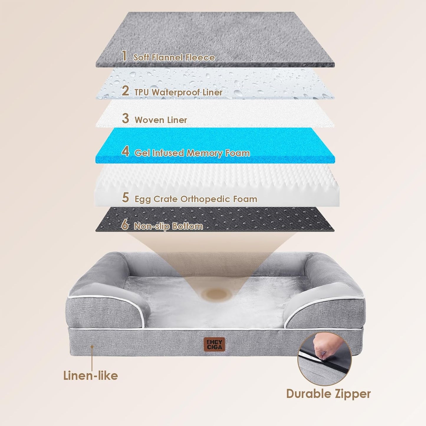 EHEYCIGA Orthopedic XL Dog Beds, Waterproof Memory Foam Dog Bed for Extra Large Dogs, Non-Slip Bottom and Egg-Crate Foam Big Pet Couch Bed with Washable Removable Cover, Grey
