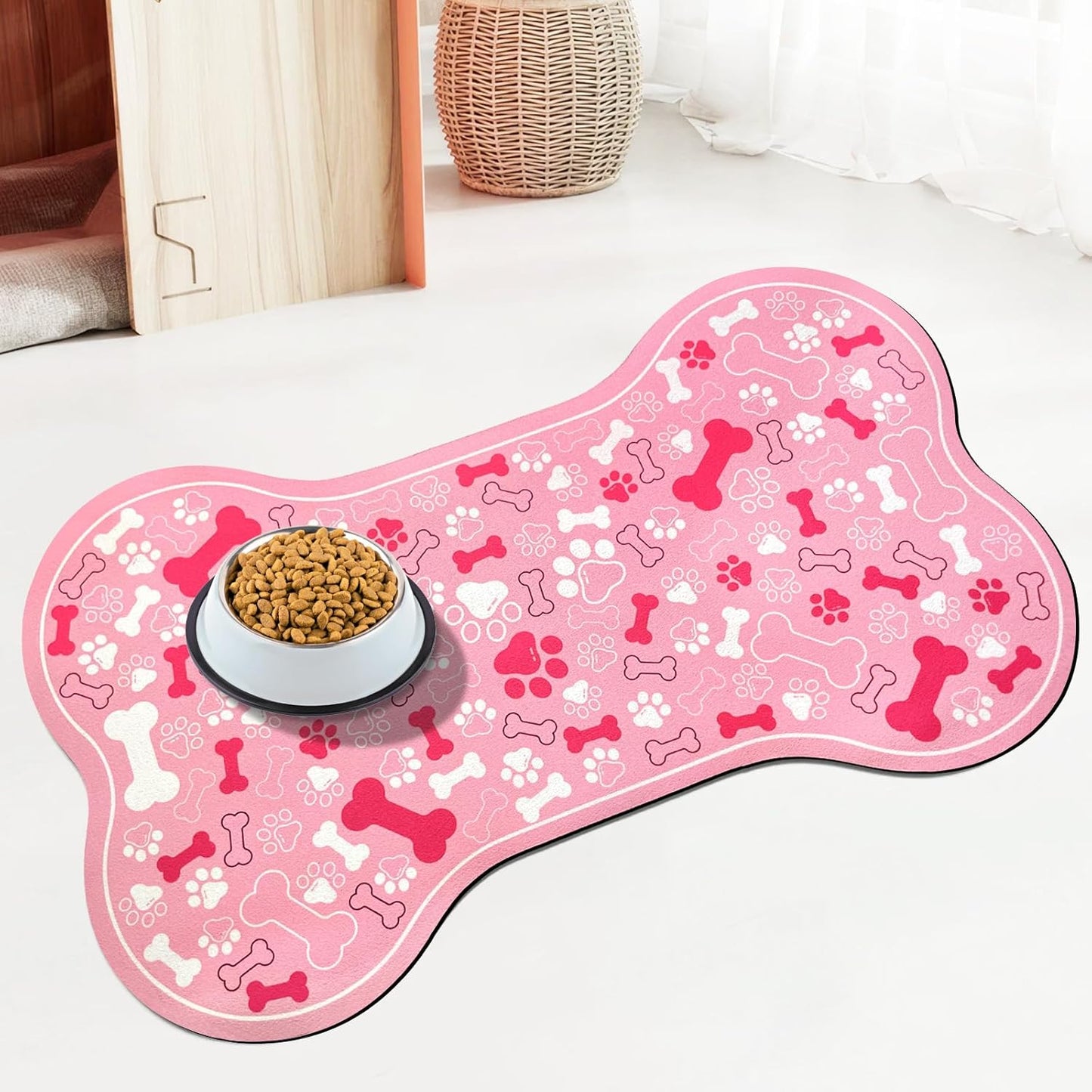 Dog & Cat Food Mat Bone Shaped Pet Feeding Mat Quick Absorb Water Bowl Placemat with Rubber Backing Indoor Floor Stain Resistant Pet Accessory Supplies (Light Pink, 17x29 Inches)