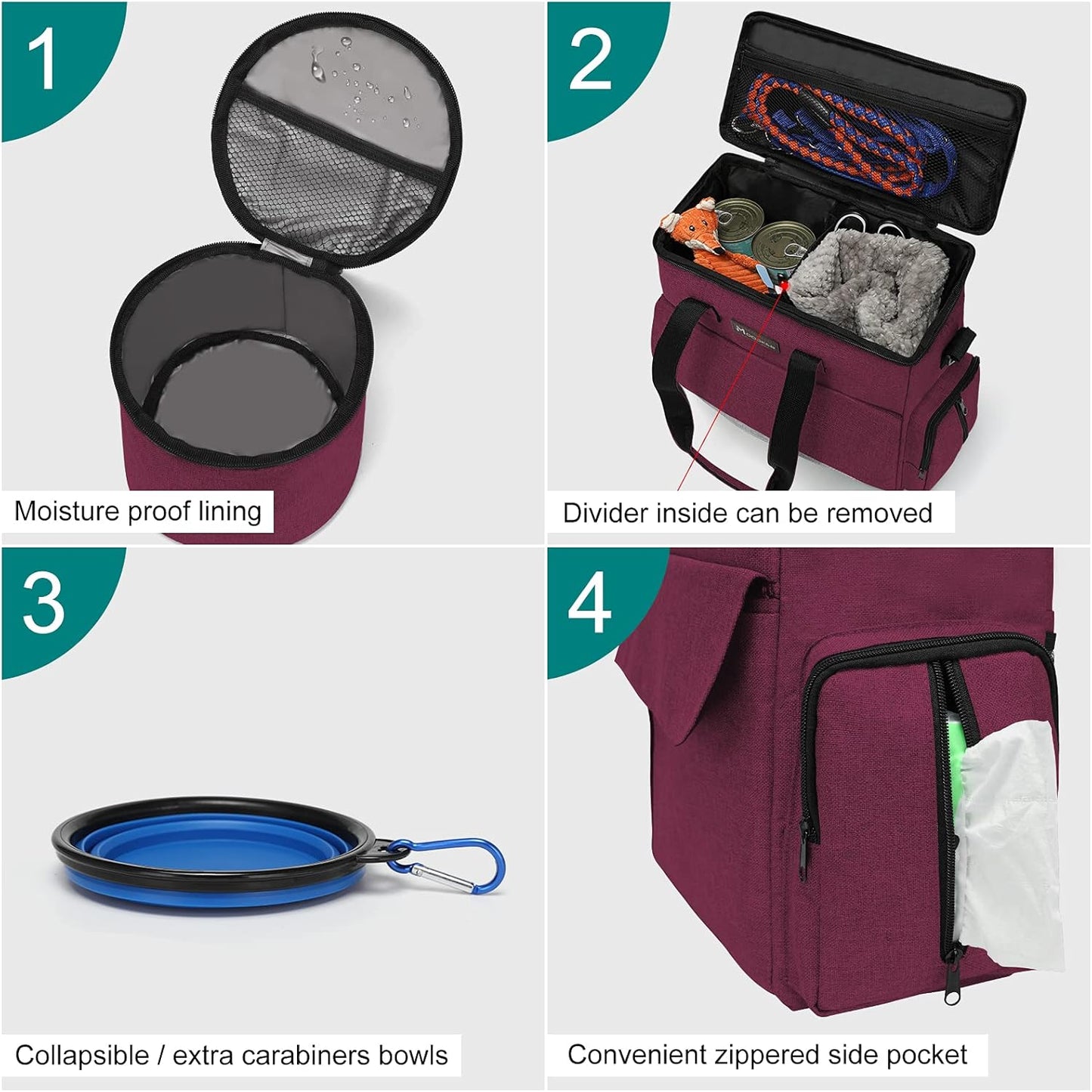 Airline Approved Pet Travel Bag, Weekend Travel Set for Dog and Cat, Airline Approved Tote Organizer with Multi-Function Pockets, 2 Dog Food Storage Containers, 2 Collapsible Bowls (Rose Red)