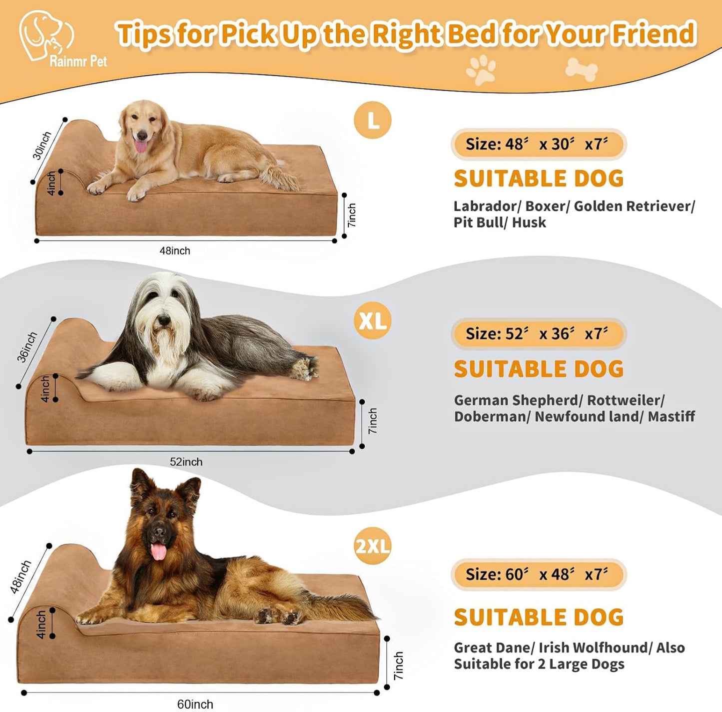 Large Orthopedic Dog Bed, 7" Memory Foam with Waterproof Liner, Chew Resistant Microsuede Cover, Removable and Washable, for Indoor, Outdoor, and Car Use, Nonskid Base, 52"x36" XL Khaki