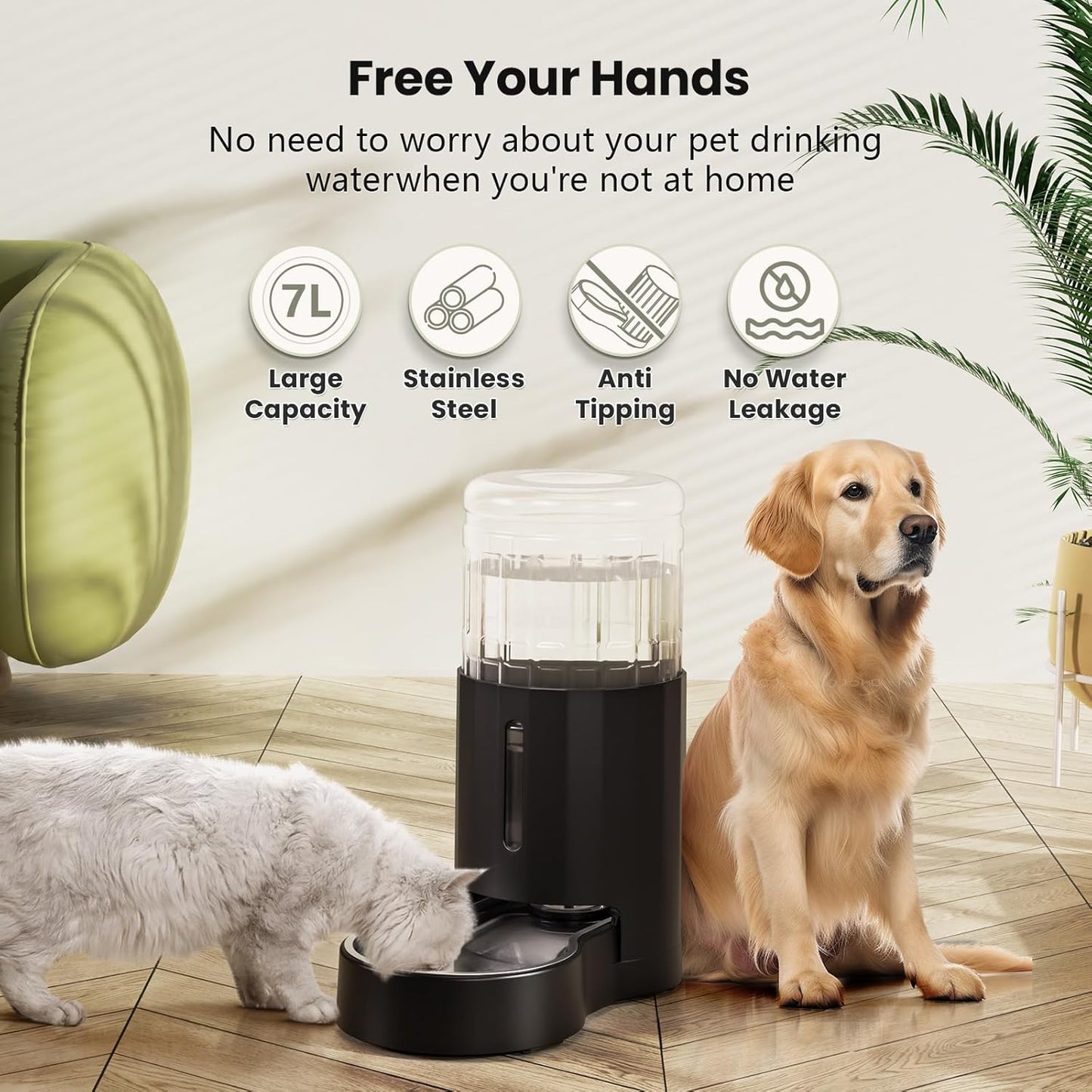 CZPET Automatic 7L Dog and Cat Water Dispenser with Stainless Steel Bowl Gravity Waterer,100% BPA-Free,Large Capacity and Drinking Area Noise-Free for Pets(7L Water Dispenser, Black)