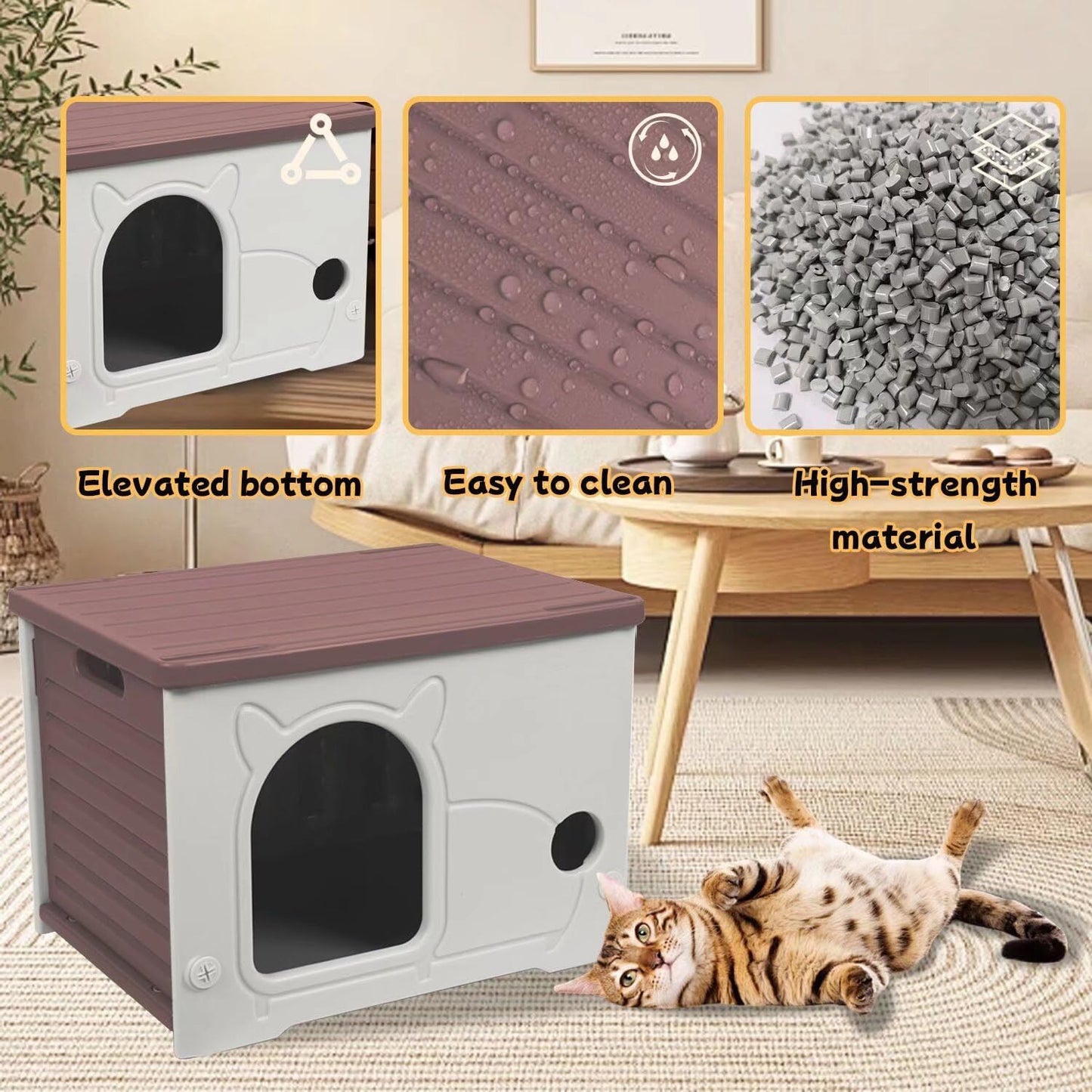 Plastic Outdoor Cat House Waterproof Feral Cat Shelter(Coffee)