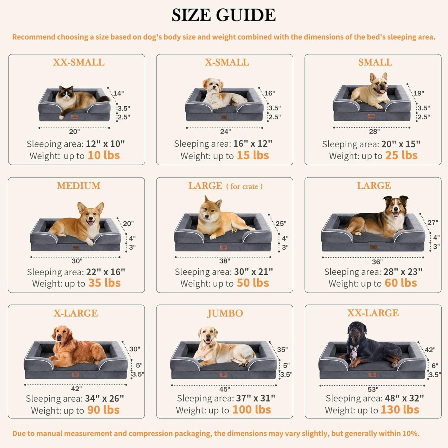 Comfort Expression Waterproof Large Dog Beds Orthopedic Foam Dog Beds Sofa Comfy Pet Bed with Washable Removable Cover & Non-Slip Bottom(Large,Dark Grey)