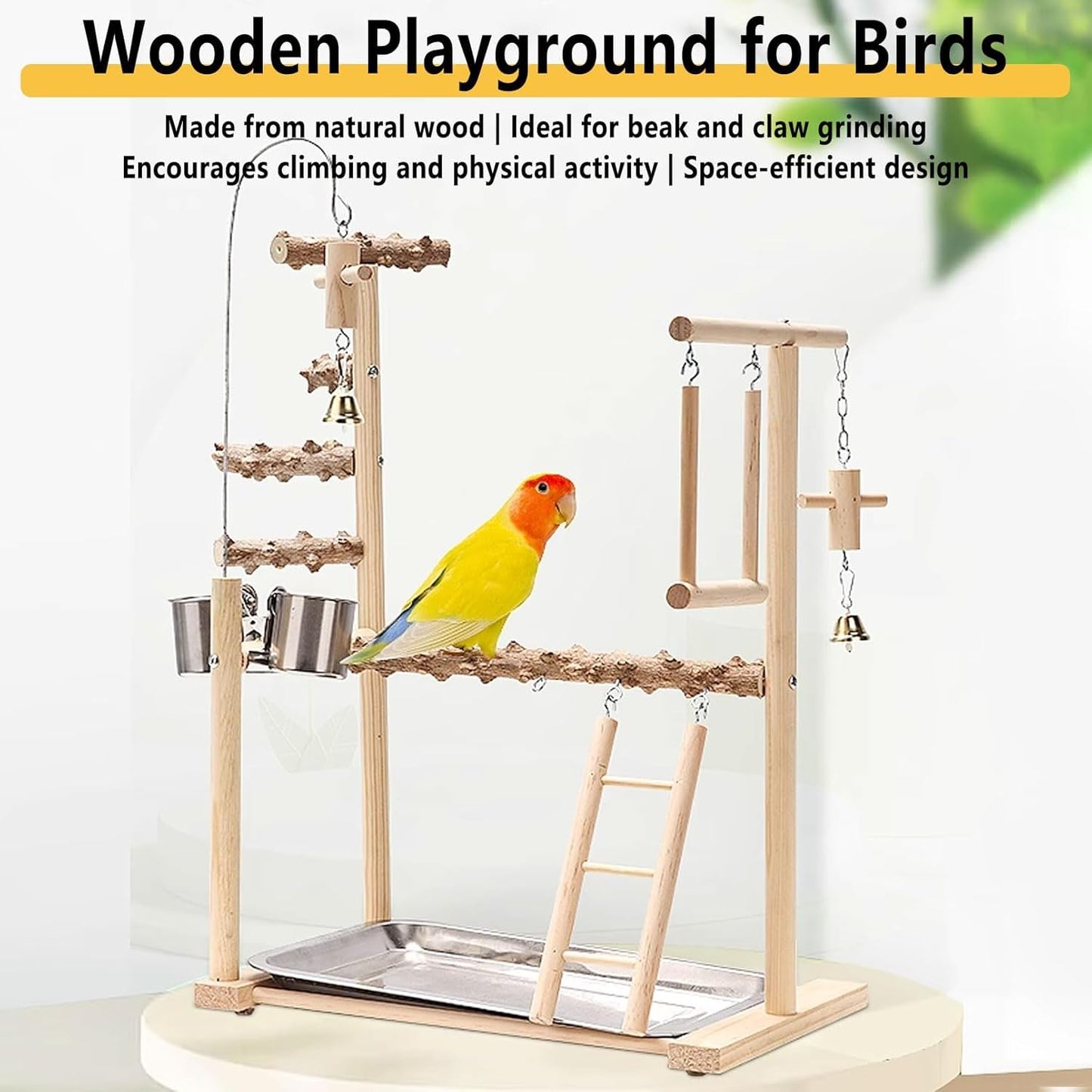 Bird Playground Parrot Playstand Bird Perch Stand Gym Natural Wood Play Stand with Swing Ladder Feeder Cups for Parakeets Cockatiels Lovebirds Conures Budgies