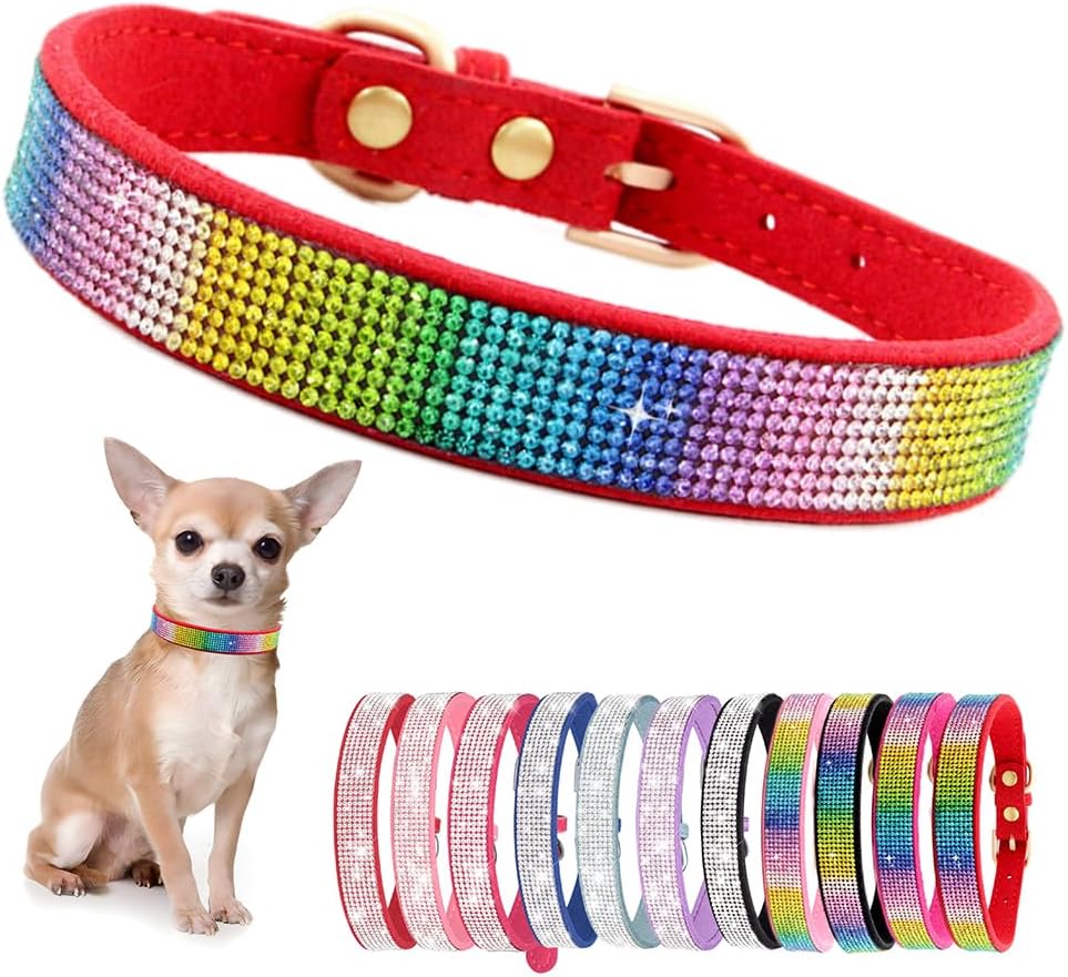 Rhinestone Dog Collar for Small Dogs, Bling Diamond Fancy Crystal Glitter Pretty Jewel Pet Puppy Collars for XXS XS Small Medium Large Breed Girl Dogs Female Cats Kitten, Colorful Red XXSmall