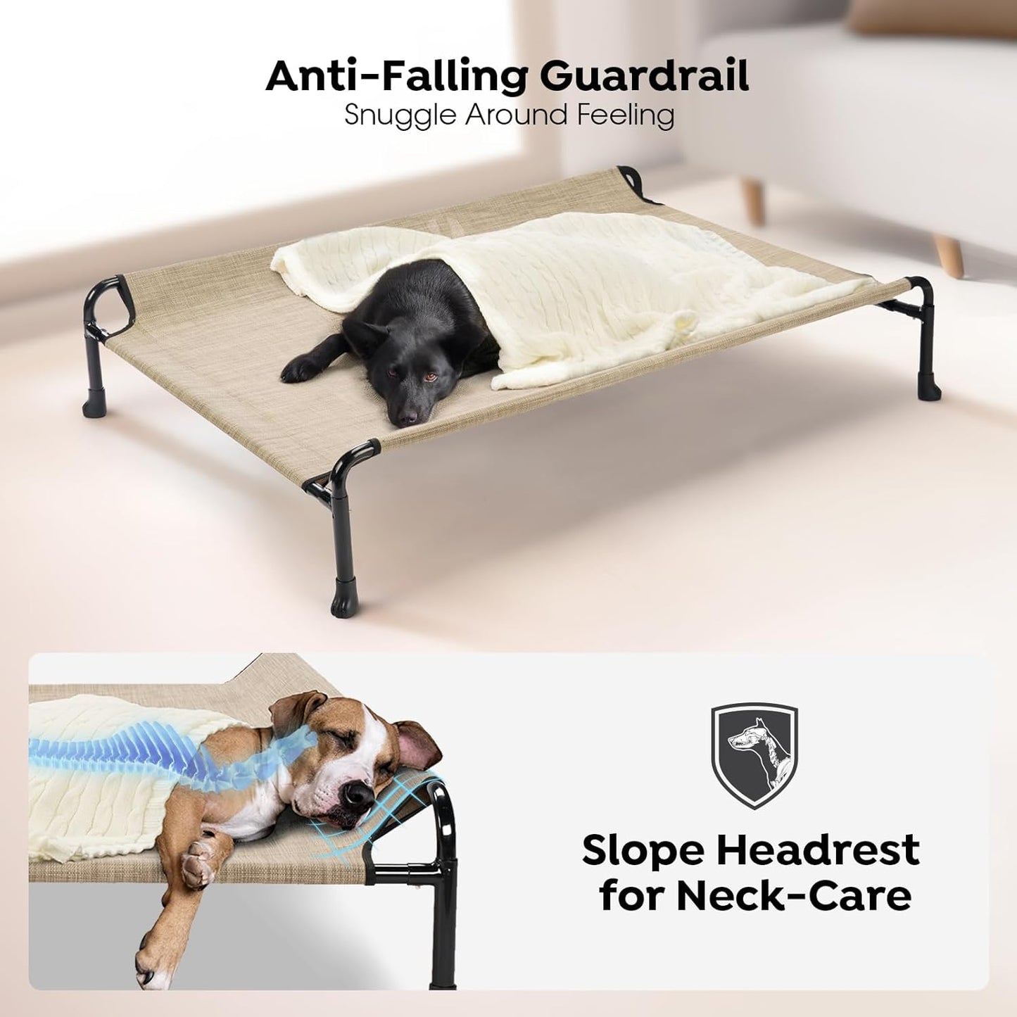 Veehoo Elevated Dog Bed, Cooling Raised Dog Bed with Guardrail & Headrest, Upgraded Non-Slip Silicon Feet, Breathable Teslin Mesh, Portable Pet Cot for Indoor and Outdoor, 35 x 22 Inches, Beige Coffee
