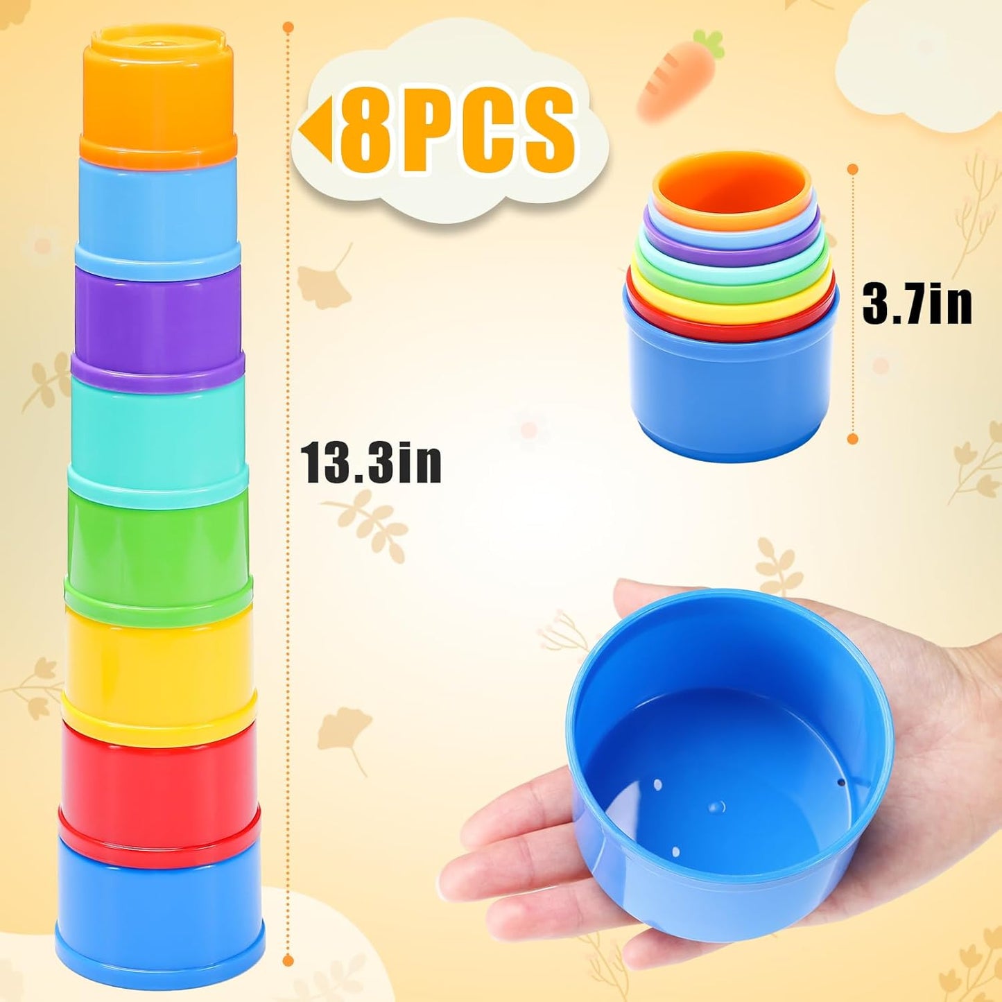 MEWTOGO 8 Pcs Stacking Cups for Rabbits - Safe Reusable Bunny Toys in Different Sizes, Durable Rainbow Colored Nesting Toys for Small Animals, Bunny Hiding Food Playing Gifts