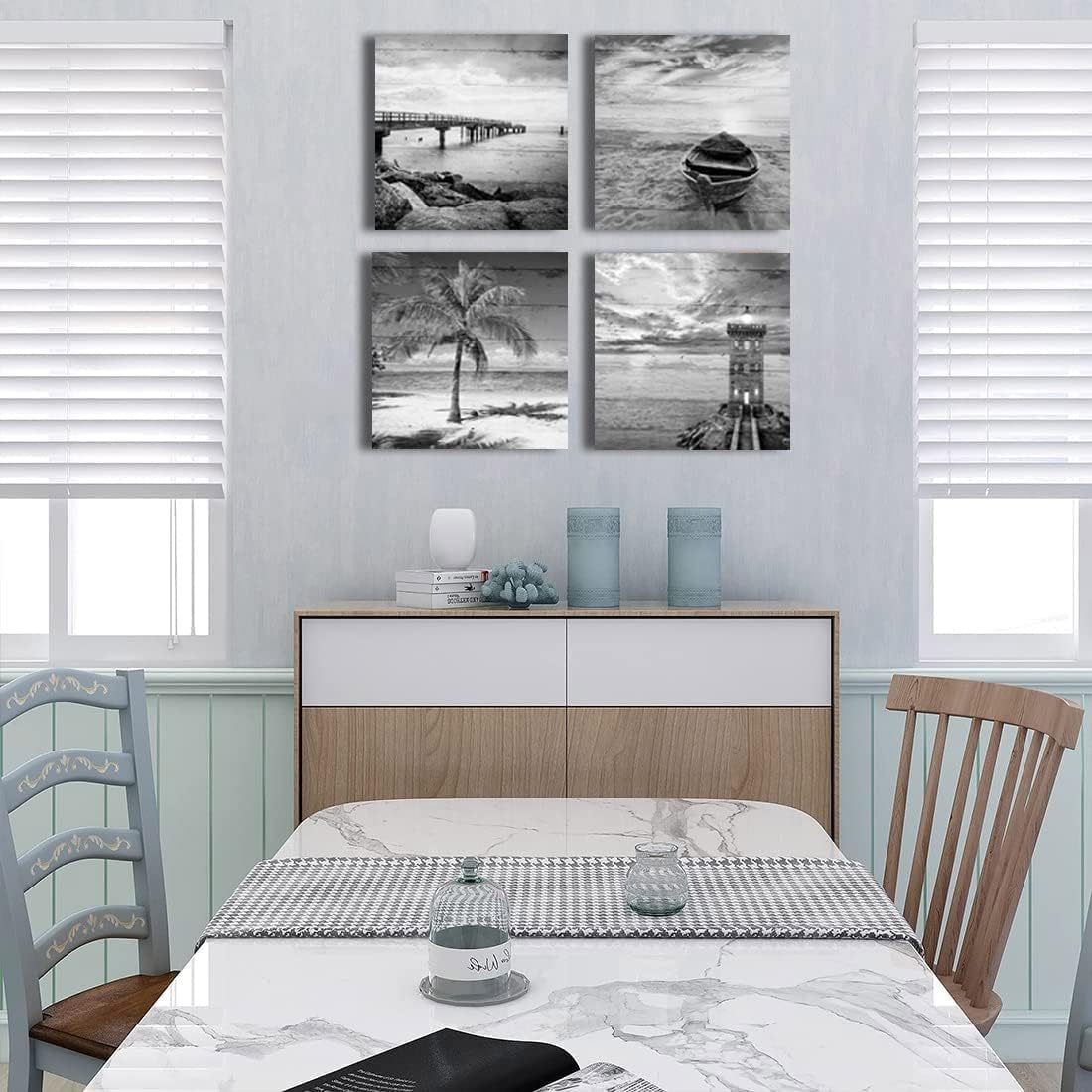 Yxbhhym- Black and White Beach Wall Art Seascape Scenery Canvas Wall Picture Print Sea Palm Poster Painting Office Décor Bedroom Bathroom Wall Art Living Room Home Kitchen Wall Decoration Framed