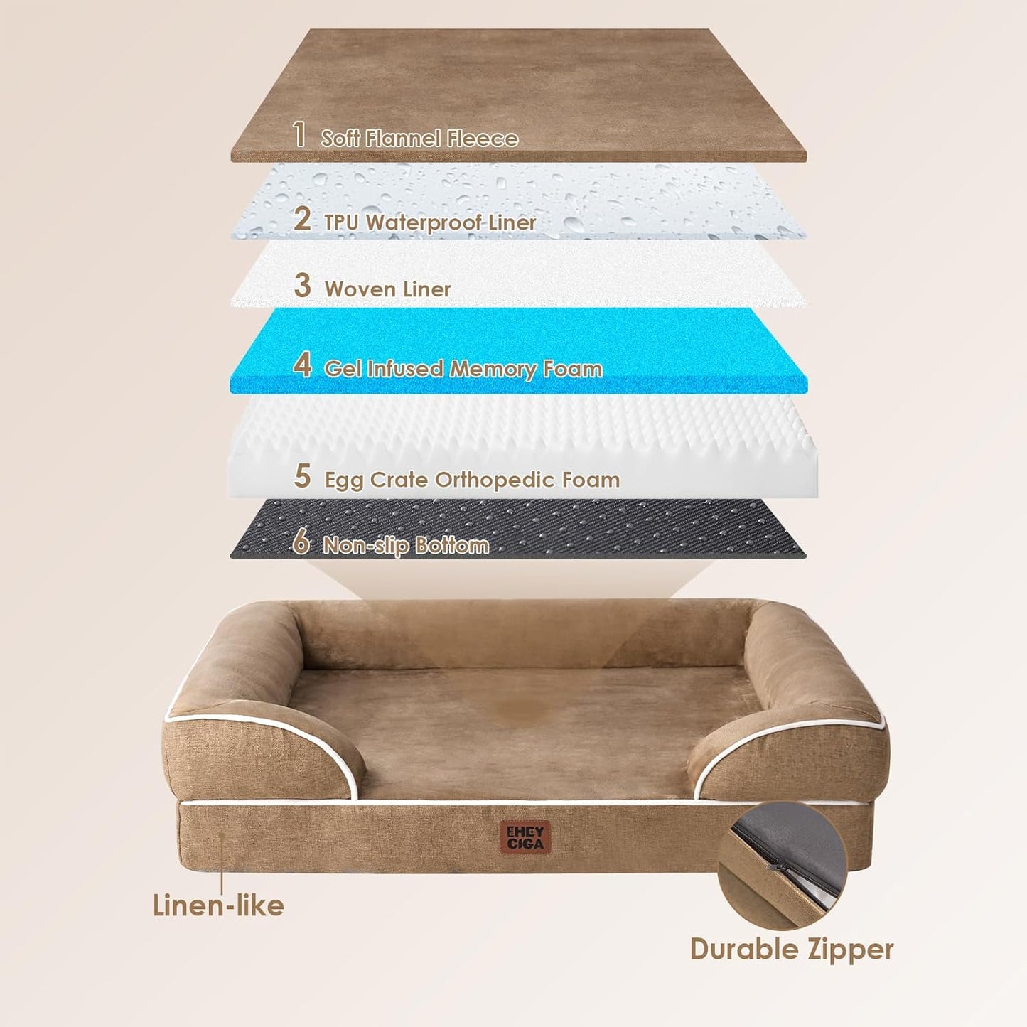EHEYCIGA Orthopedic XL Dog Beds, Waterproof Memory Foam Dog Bed for Extra Large Dogs, Non-Slip Bottom and Egg-Crate Foam Big Pet Couch Bed with Washable Removable Cover, Camel