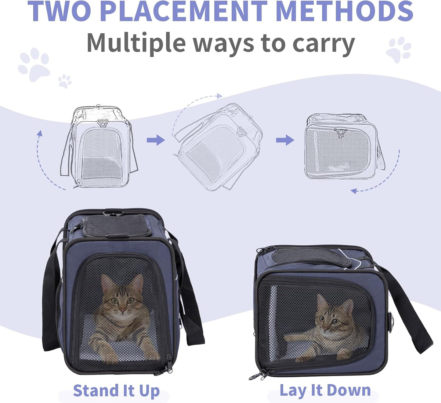 ‌Petsfit Airline Approved Pet Carrier for Small Cats, 16.5x8.6x11 TSA Approved Carrier, with Removable Dual-Sided Padding (2-Way Placement) - Fits Under Most Airplane Seats, Escape Proof (Navy)