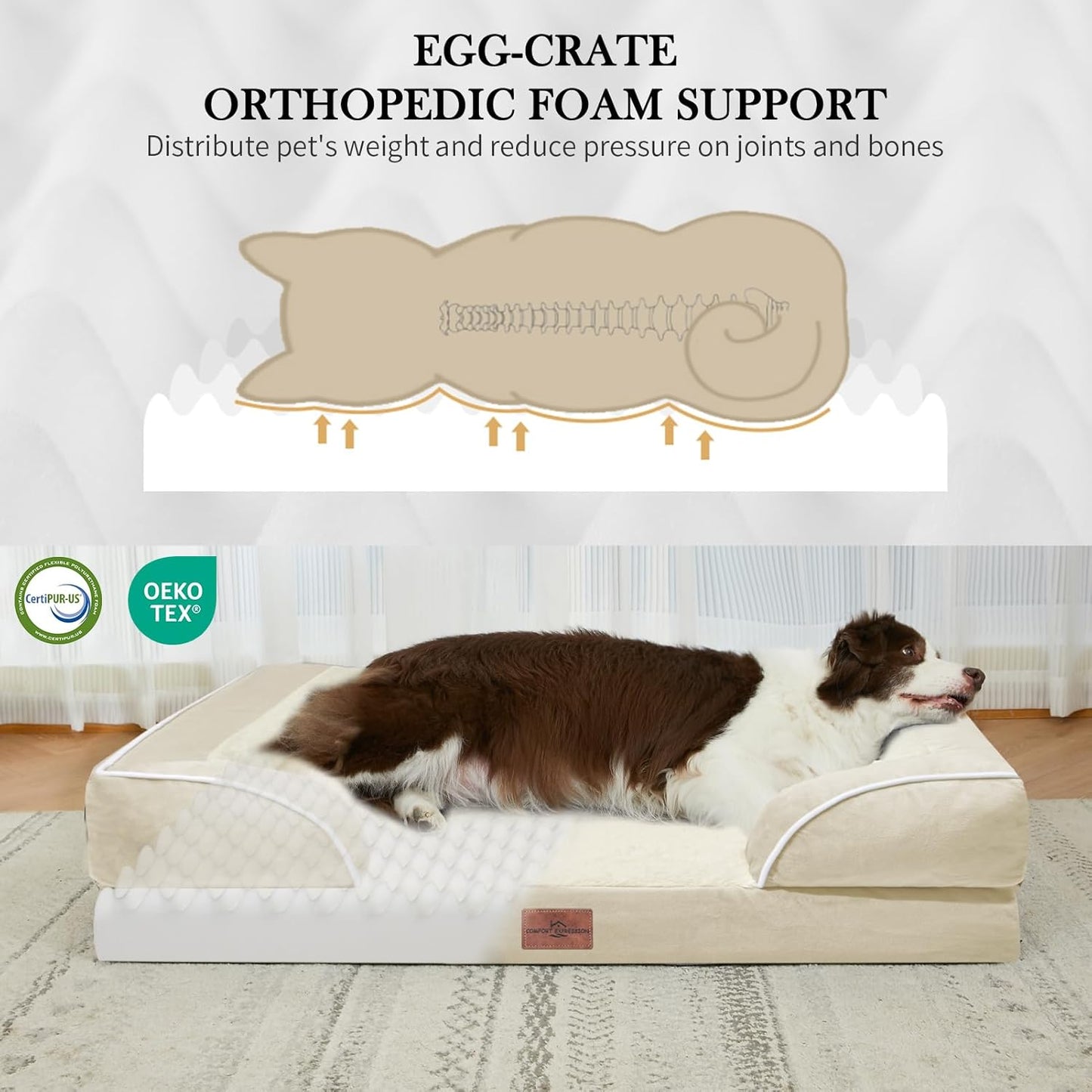 Comfort Expression XXL Dog Bed Waterproof, Extra Large Dog Beds Orthopedic Foam, Washable Dogs Sofa Bed Pet Beds with Removable Cover & Non-Slip Bottom(XX-Large,Beige)
