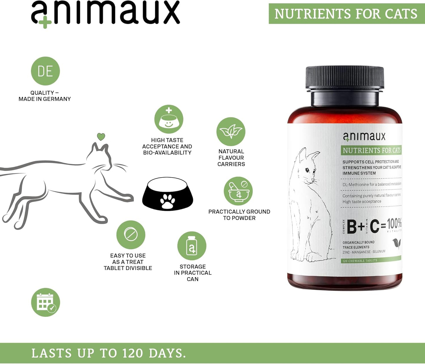 animaux – nutrients for Cats, All-Natural Cat Vitamins, Cat Essentials to Strengthen The Immune System & Natural Cell Protection, Healthy Skin & Shiny Coat, 120 Chewable Tablets, 120 Days Supply