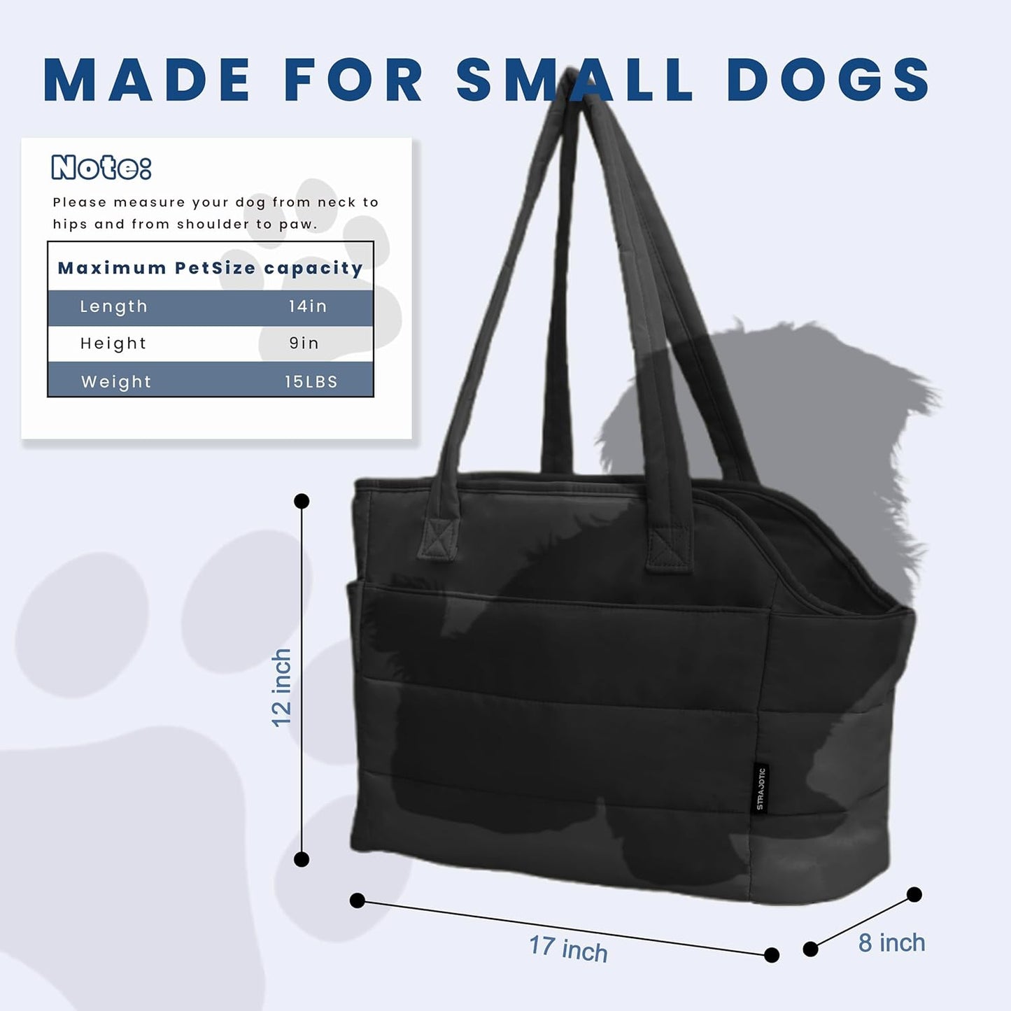 Lightweight Dog Purse Carrier for Small Dogs Under 15 lbs, Puffy Quilted Pet Carrier Tote for Puppies with Safety Leash Clip, Women's Hands-Free Dog Carrier Bag for Travel/Shopping (Black)
