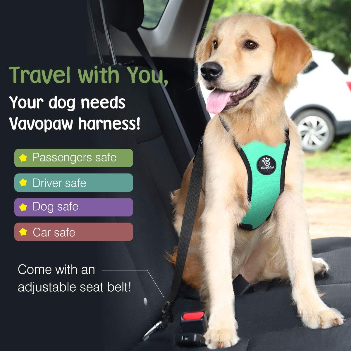Dog Seat Belt, Safety Vest Dog Car Harness with Adjustable Buckle Dog Seat Belt for Vehicle Nylon Pet Safety Seat Belts Heavy Duty(M, Lake Blue)
