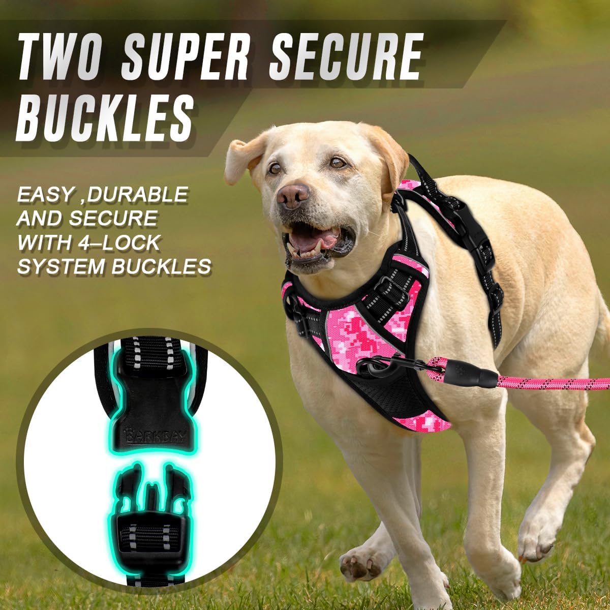 BARKBAY No Pull Dog Harness Front Clip Heavy Duty Reflective Easy Control Handle for Large Dog Walking(Pink camo,XL)