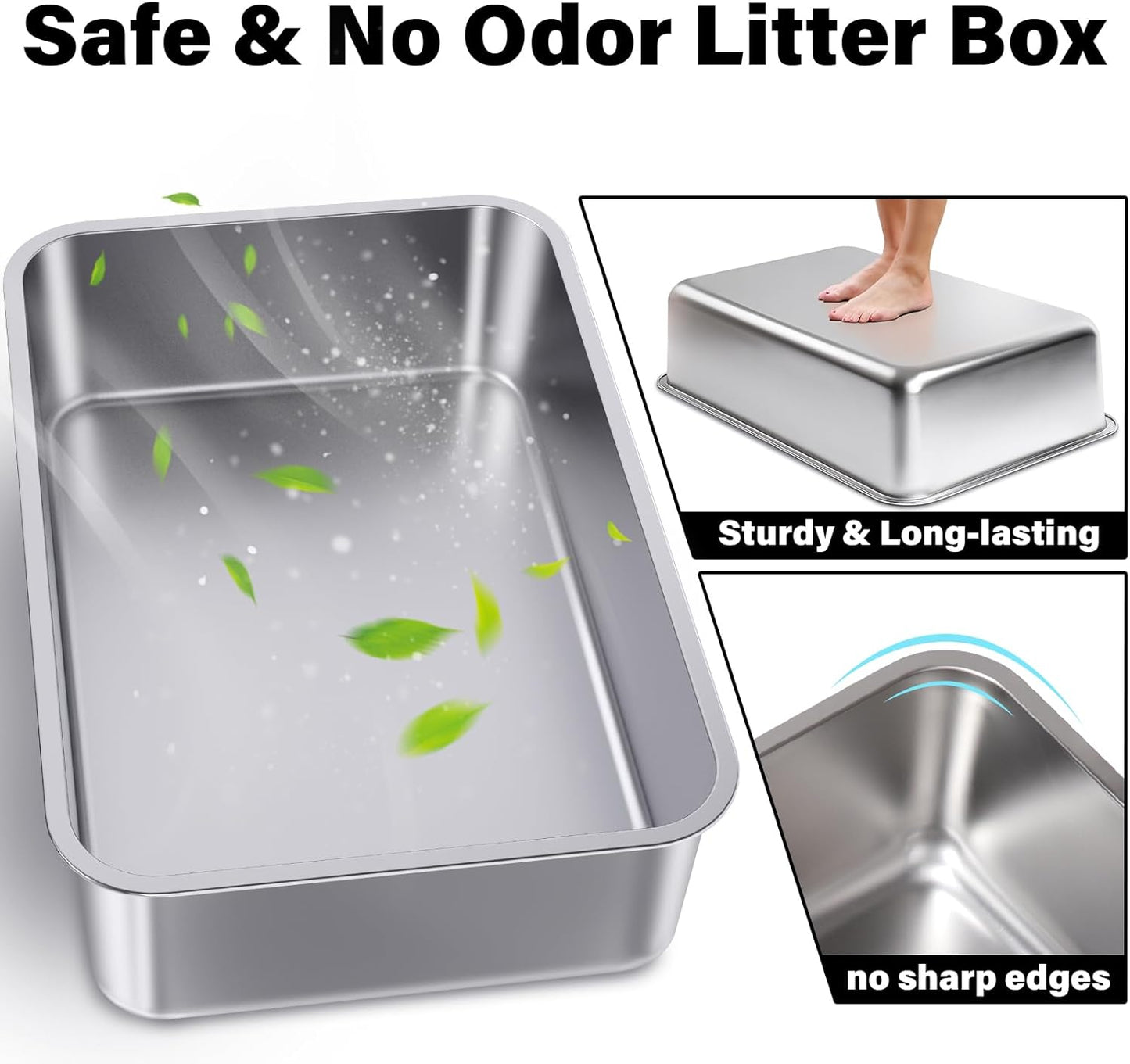 Stainless Steel Cat Litter Box,Metal Litter Box,Cat Litterbox for Kitten, Kitty, Rabbit, 6" High Side Cats Litter boxs,Large Stainless Steel LitterBox, No Smell,Non Stick,Easy to Clean