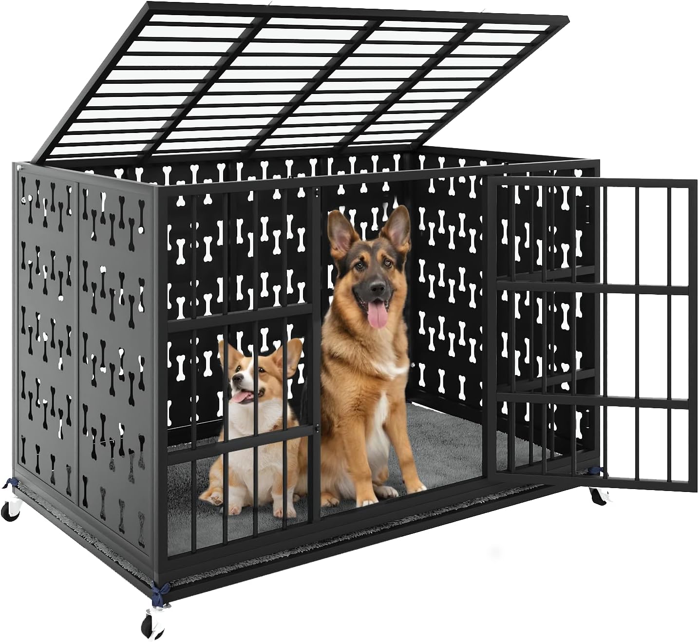 LEMBERI 48/42 inch Indestructible Heavy Duty Dog Crate with Cushion, High Anxiety Extra Large Dog Cage for Large Dogs, XL Steel Escape Proof Dog Kennel with Locking Wheels