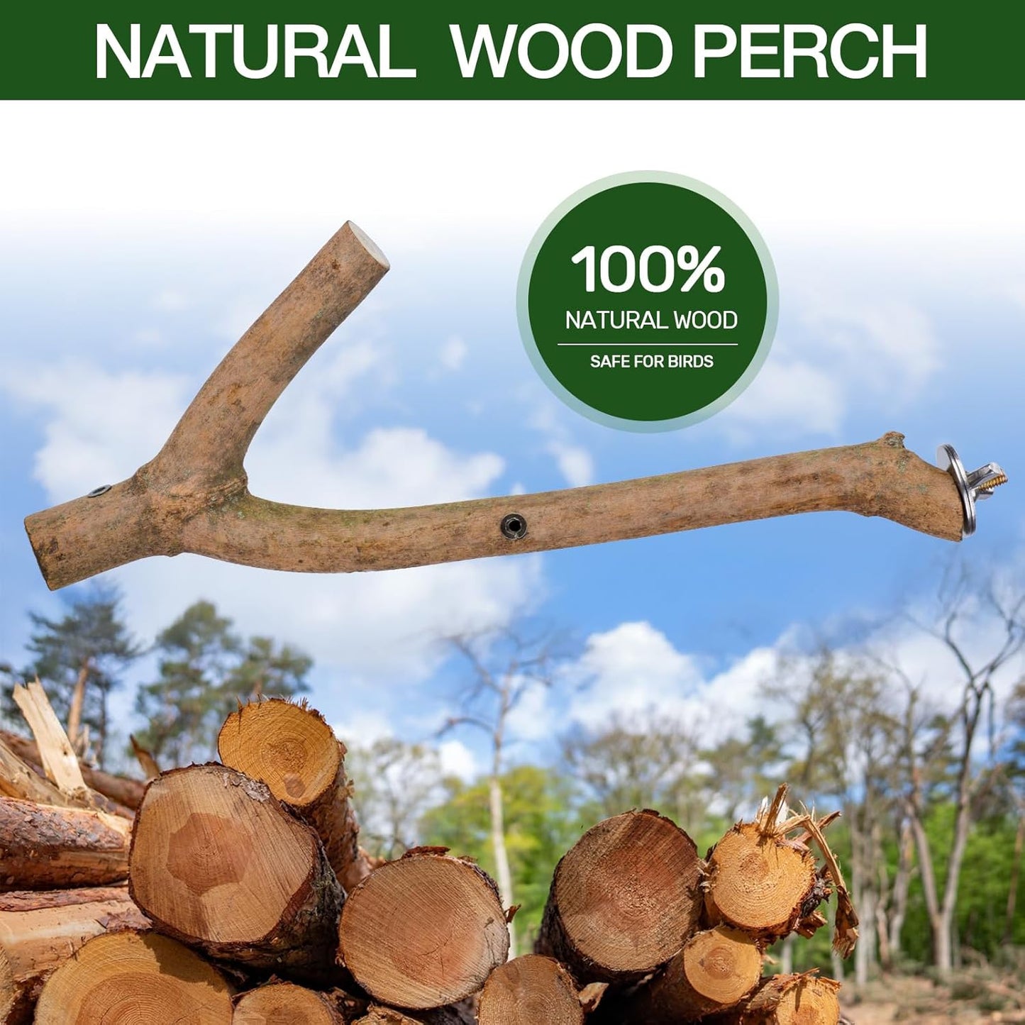 Bird Perch Stand, Natural Vitex Negundo Wood Parrot Perch Bird Cage Branch Perch, Accessories for Parakeets, Cockatiels, Conures, Macaws, Finches, LoveBirds (12" Length)