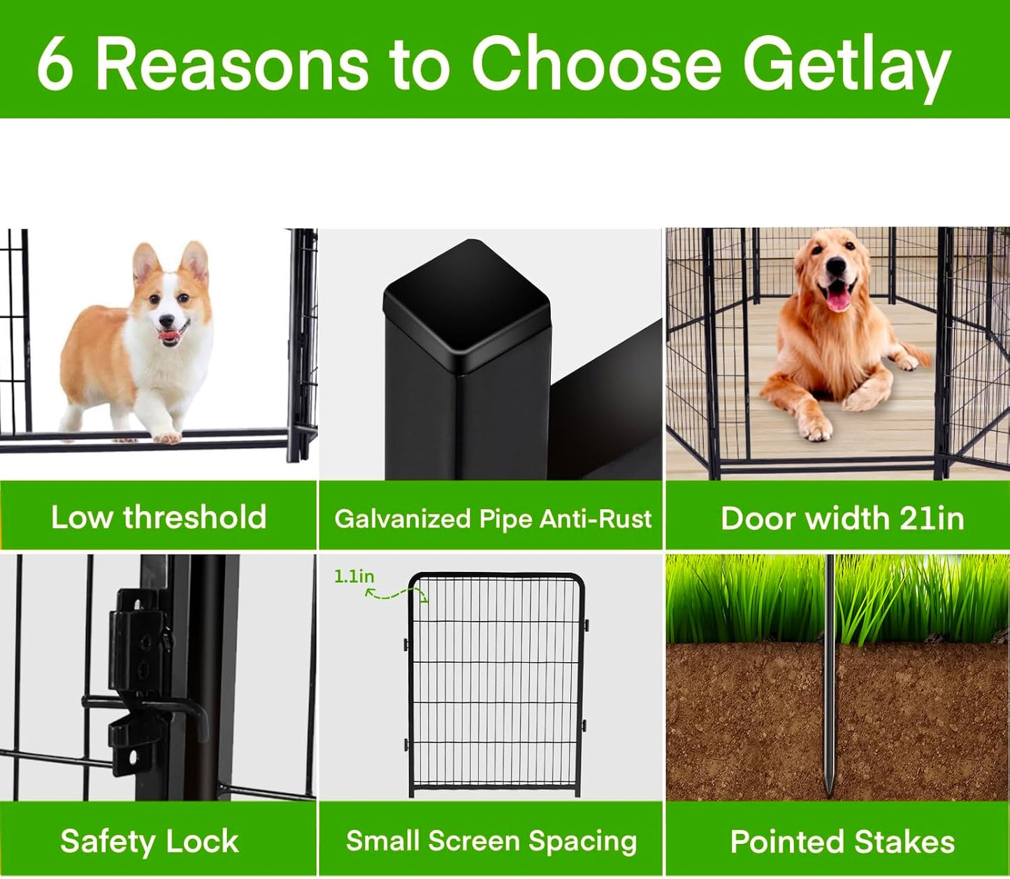 Tall Garden Fences and Borders for Dogs, 4.6ft High Dog Fence, 6 Panels Total 13.3 Ft Long, Gate 21 inches Wide with Low Sills. Modular Fencing, Dog Fence Outdoor for Yard