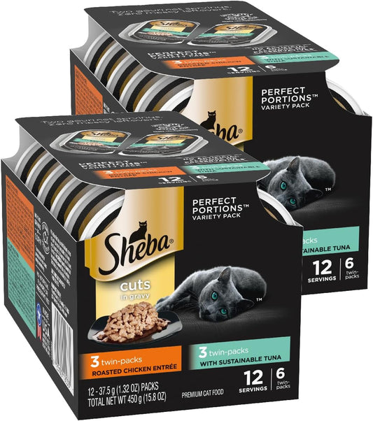 Sheba Perfect Portions Wet Cat Food Cuts in Gravy Variety Pack, with Sustainable Tuna and Roasted Chicken Entree, 2.6 oz. Twin-Pack Trays (6 Count, 12 Servings) (Pack of 2)