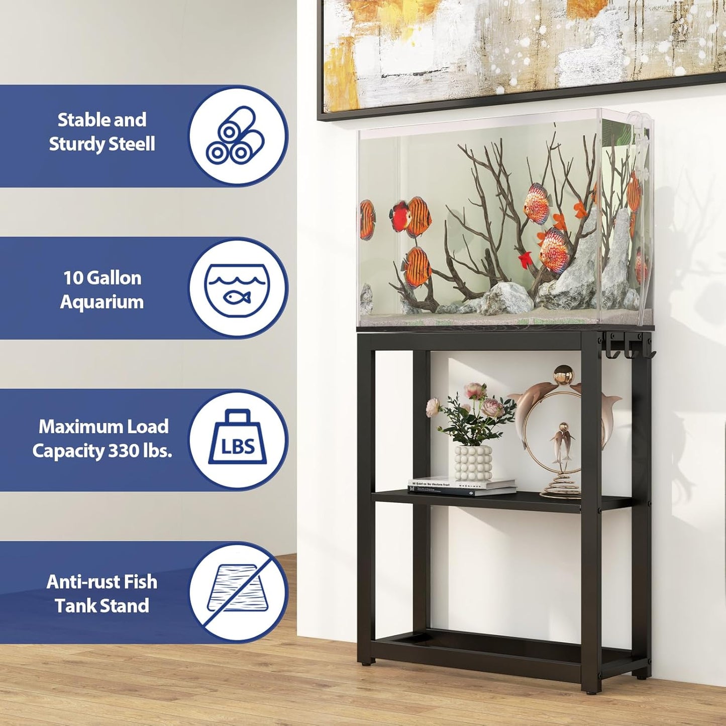 10-20 Gallon Fish Tank Stand with Storage Shelf, Aquarium Stand Measuring 24.8&quot; W x 9.5&quot; D x 30.1&quot; H with Hooks,Heavy Duty Metal Turtle Reptile Tank Stand, Easy Assemble