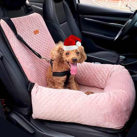 Dog Car Seat for Small Medium Dogs Up to 40lbs, Detachable Washable Soft Pet Booster Travel Bed for Front & Pink Seat with Safety Leash Belt