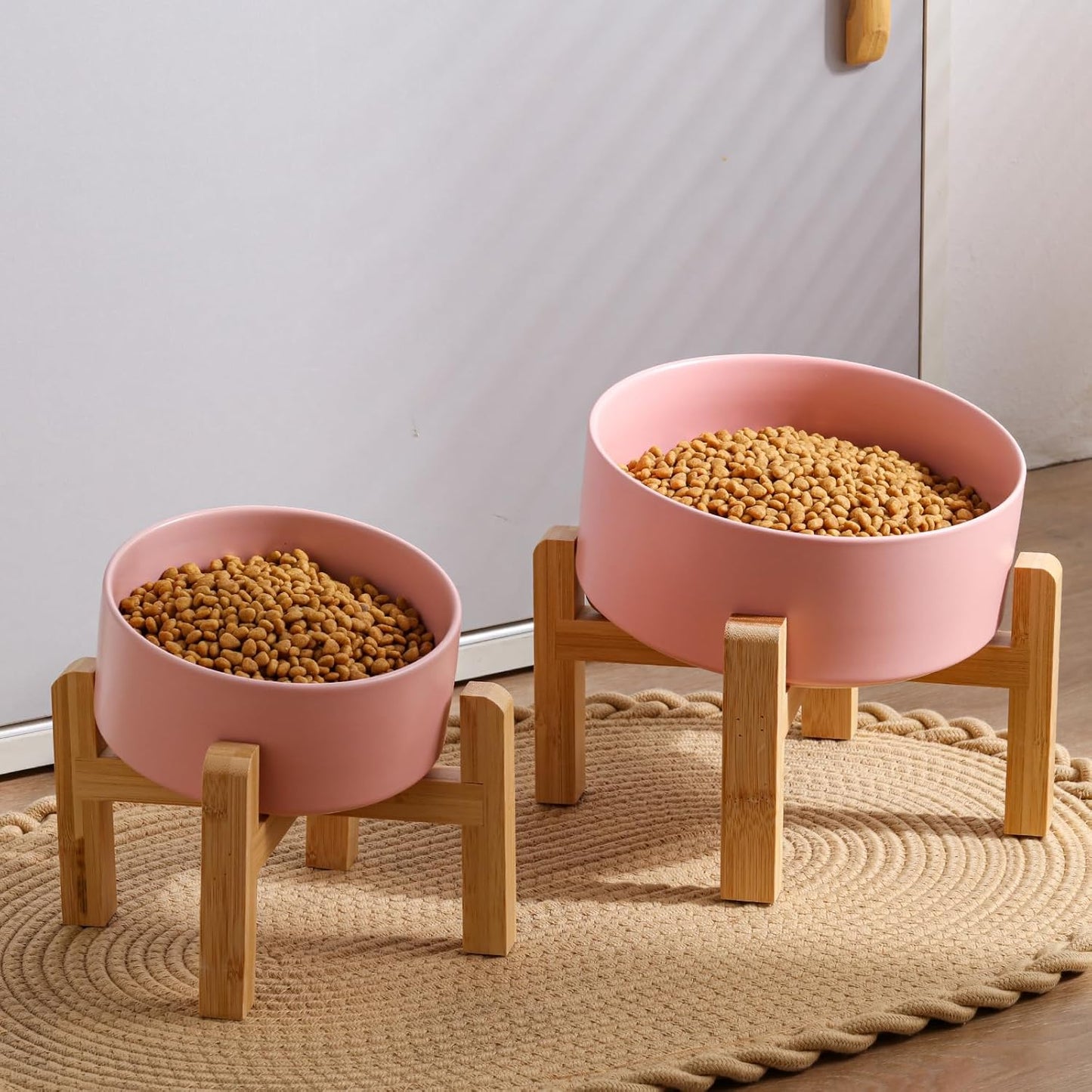 Pink Elevated/Raised 15°Tilted Anti Slip Ceramic Dog Bowl for Medium & Large Breeds,Slanted Bulldog Big Face Pet Food Water Feeding Dish with Stand (7.6 Cups/60OZ)