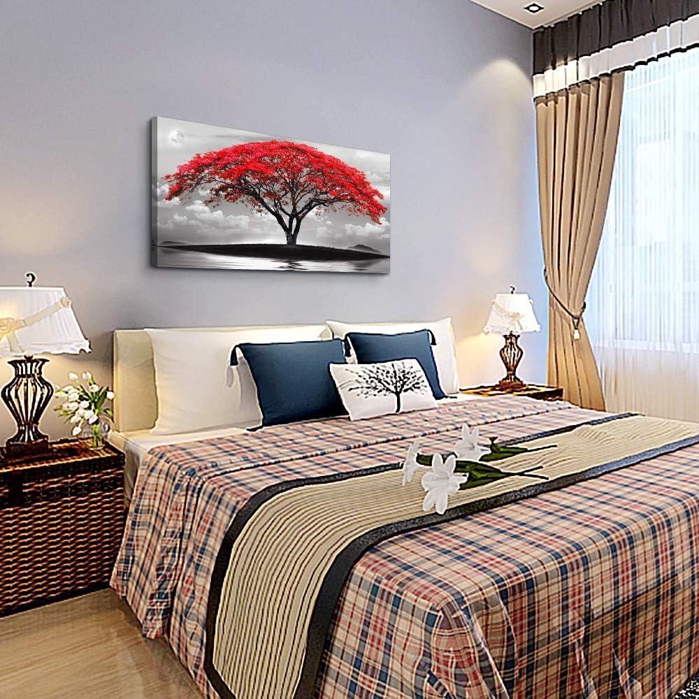 canvas wall art for living room bathroom Wall Decor Black and white landscape red tree moon scenery Hang painting Home Decorations for office bedroom kitchen Works canvas Prints pictures 24" x 48"inch