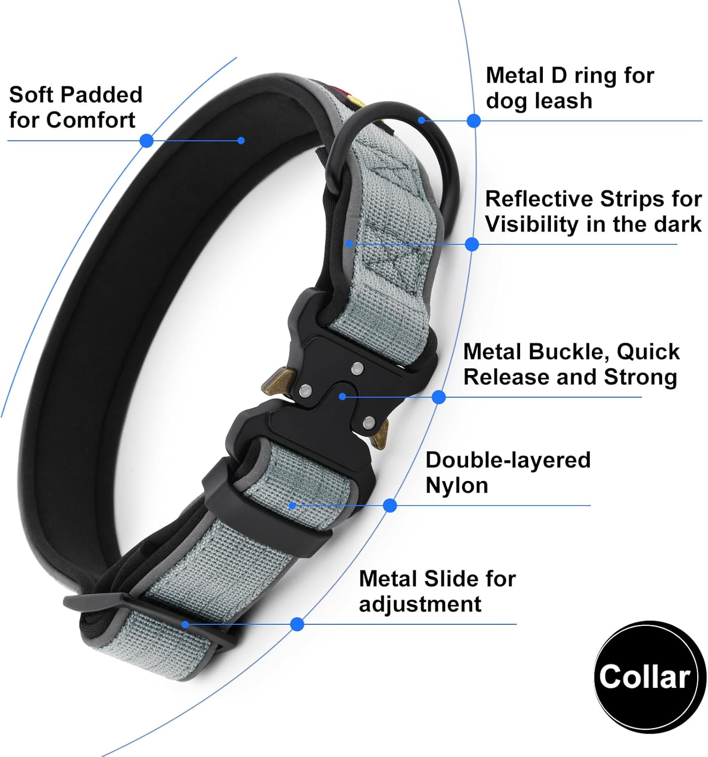 Plutus Pet Tactical Dog Collar, Reflective, Adjustable Heavy Duty Dog Collar, Soft Padded and Comfortable, for Small Medium and Large Dogs (Gray, S)