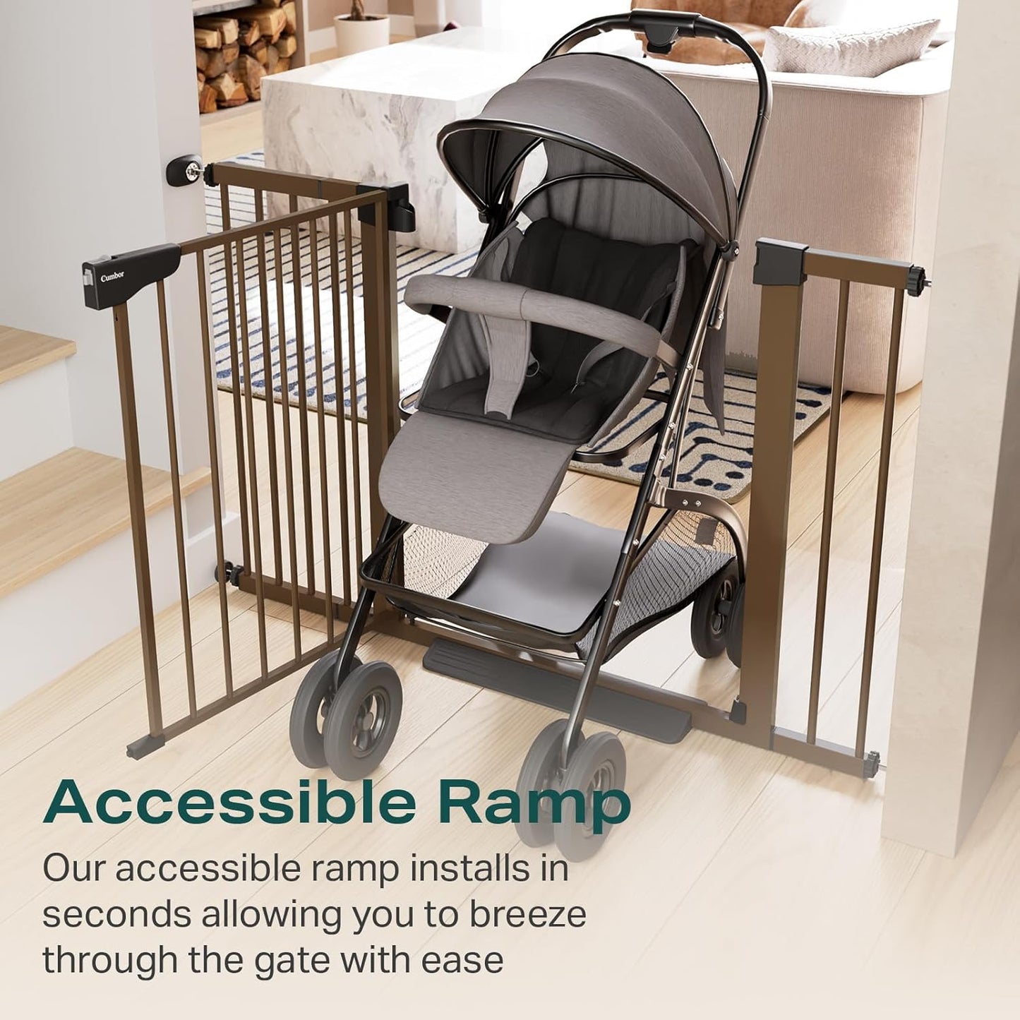 Cumbor 29.7-46" Baby Gate for Stairs, Mom's Choice Awards Winner-Auto Close Dog Gate for the House, Easy Install Pressure Mounted Pet Gates for Doorways, Easy Walk Thru Wide Safety Gate for Dog, Brown