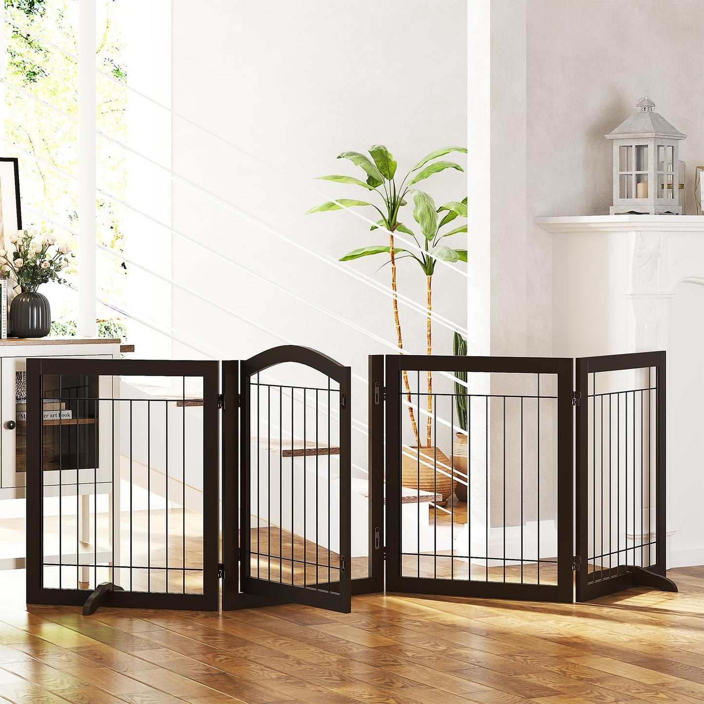 SPIRICH 96-inch Extra Wide 30-inches Tall Dog Gate with Door Walk Through, Freestanding Wire Pet Gate for The House, Doorway, Stairs, Pet Puppy Safety Fence, Support Feet Included(Espresso)