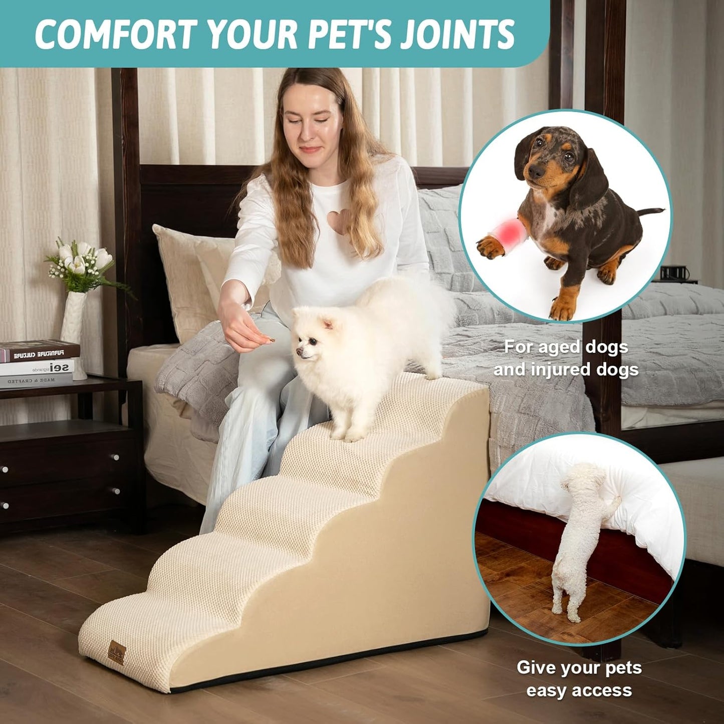Dog Stairs for Small Dog 22.6" H, Curved Pet Step for Puppy, Older Cat, Medium Pet Ramp for High Bed, Ladder with High Density Foam, Durable, 5 Step, 15.7x33x22.6 inch, Beige