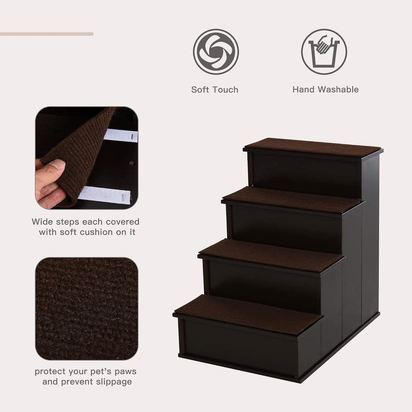 PawHut Pet Stairs, Small Pet Steps with Cushioned Removable Covering for Dogs and Cats Up to 22 lbs, Brown