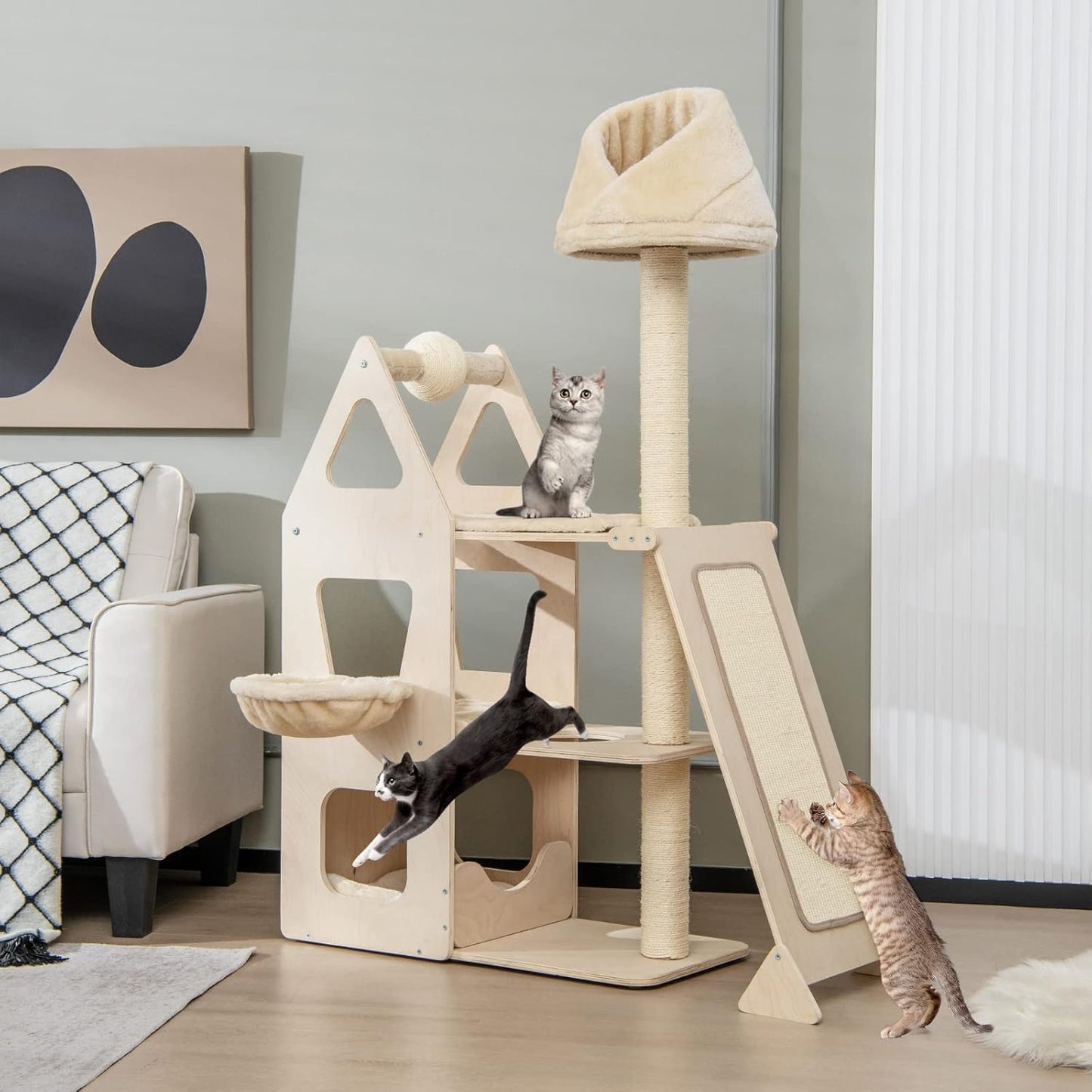 Tangkula Modern Wood Cat Tree for Indoor Cats, 64 Inch Multi-Level Tall Cat Tree with Scratching Rotatable Ball & Posts, Sisal Ramp, Hanging Basket, Large Cat Tower with Plush Perch, Washable Mats