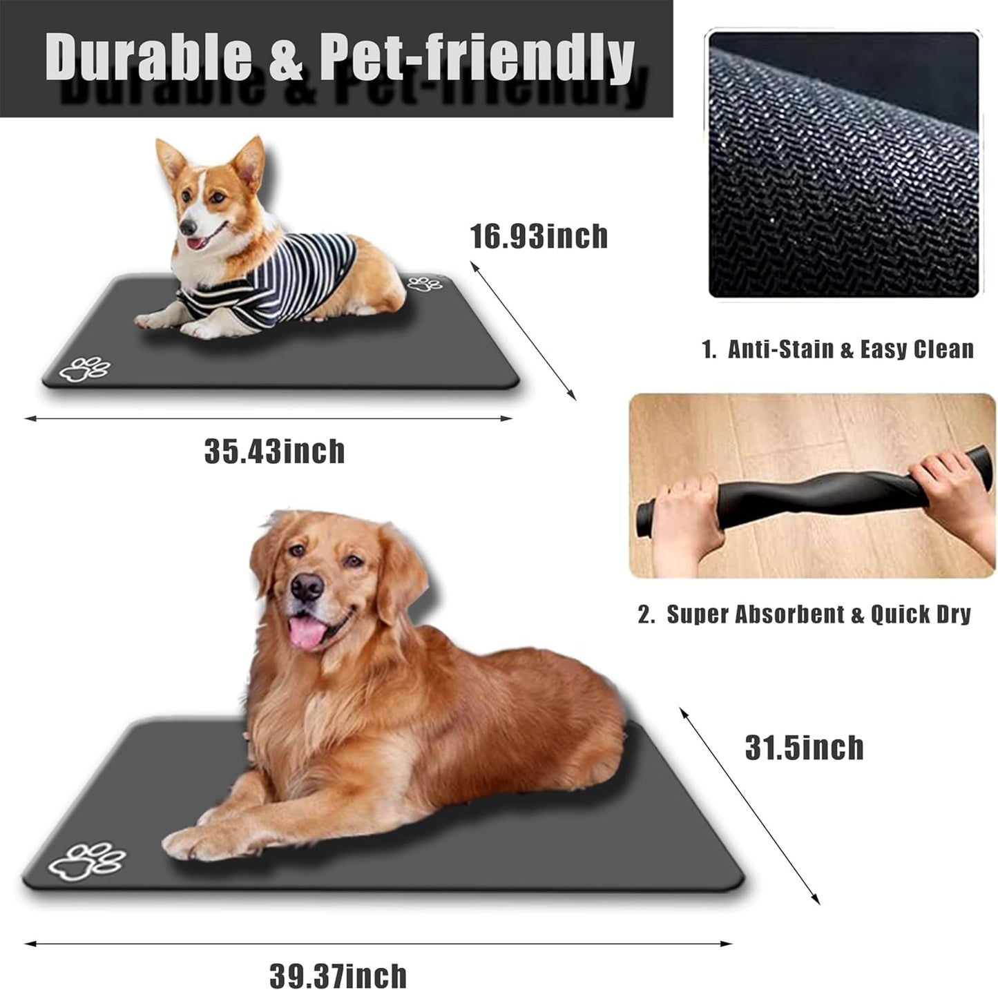 Large Pet Feeding Mat,Super Absorbent Pet Mat,Quick Dry Cat & Dog Water Dispenser Mat,No Stains Non Skid Pet Food Mat for Food and Water Bowl,Easy to Clean Pet Placemats (Dark Brown, 36'' x 24'')