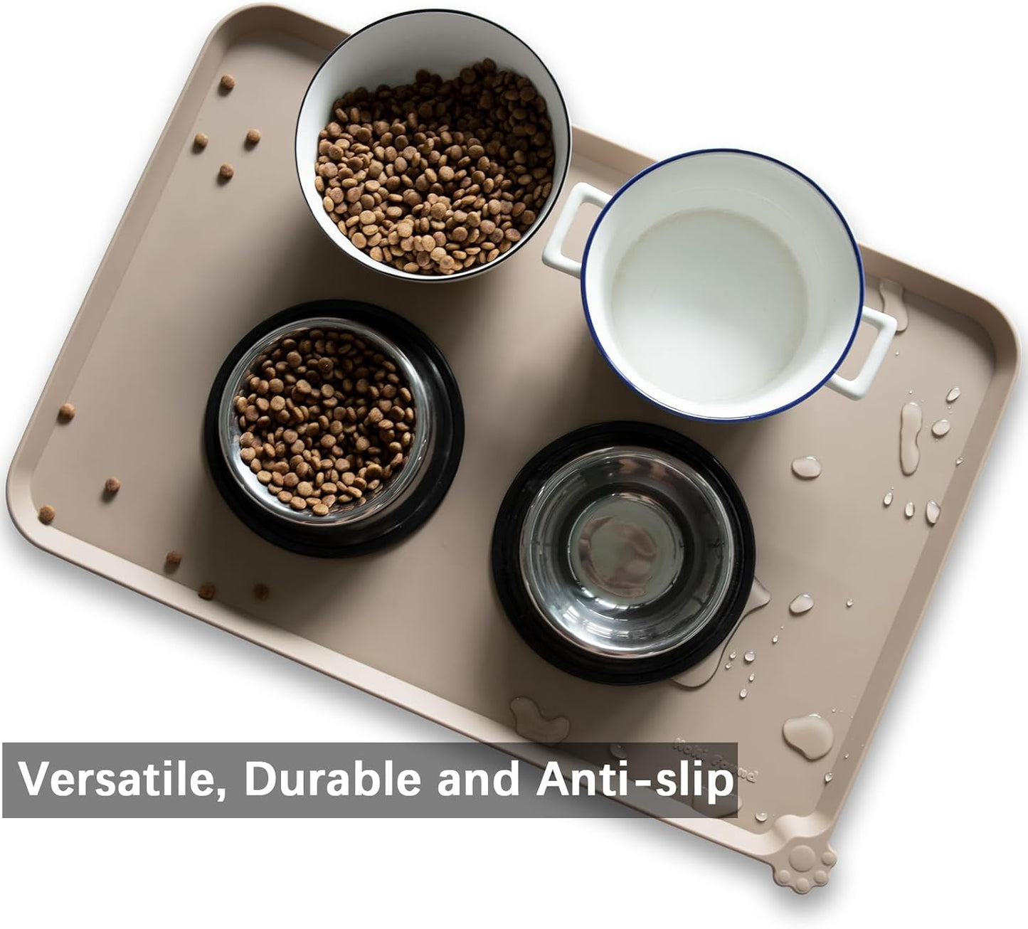 Hoki Found Large Silicone Pet Food Mats - Non Slip Dog & Cat Bowl Mats - Waterproof Tan