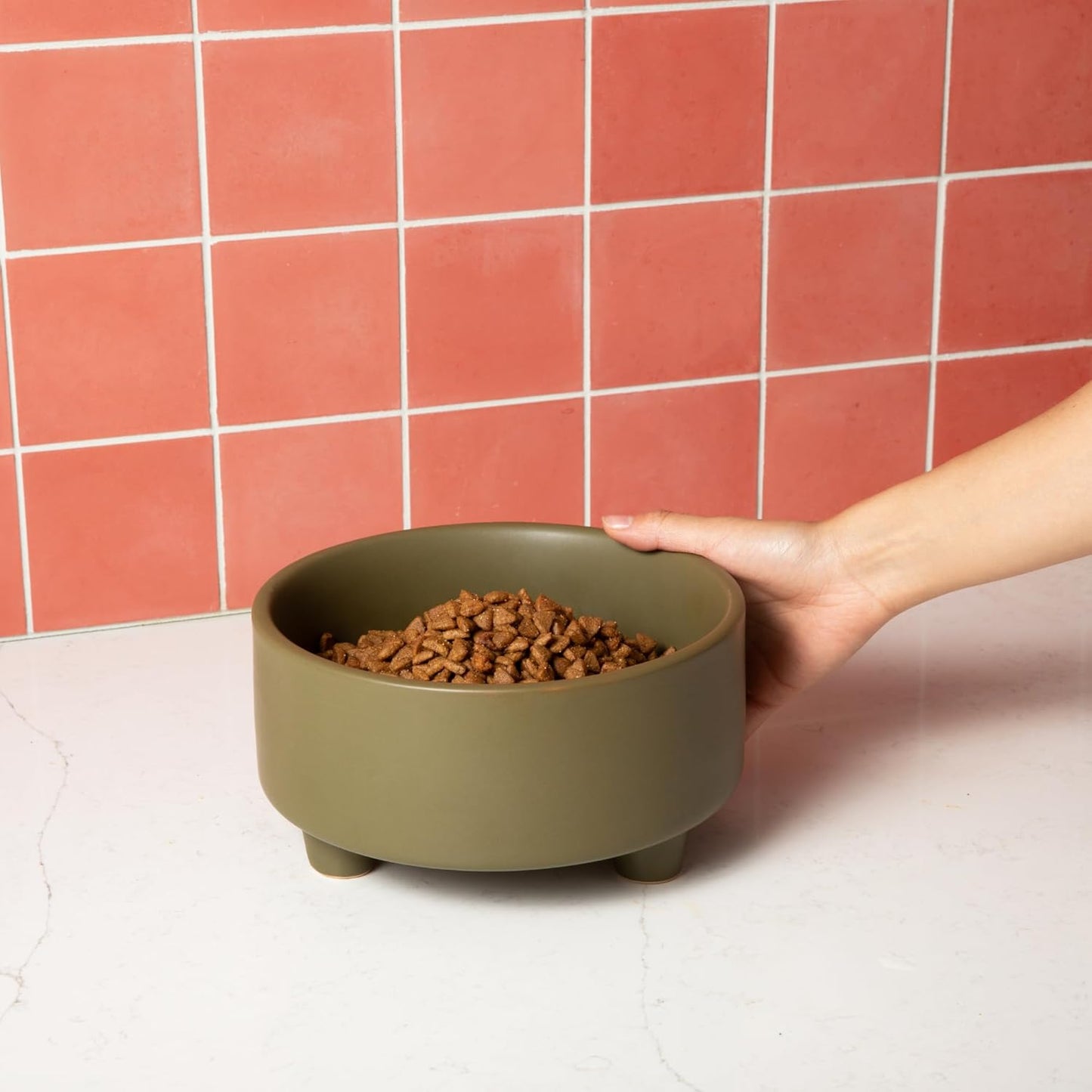 Waggo Uplift Ceramic Dog Bowl for Small Medium and Large Breeds - Heavyweight and Durable Pet Food and Water Dish Crock, Dishwasher Safe, Modern, Elevated Feeder (Olive, Small)