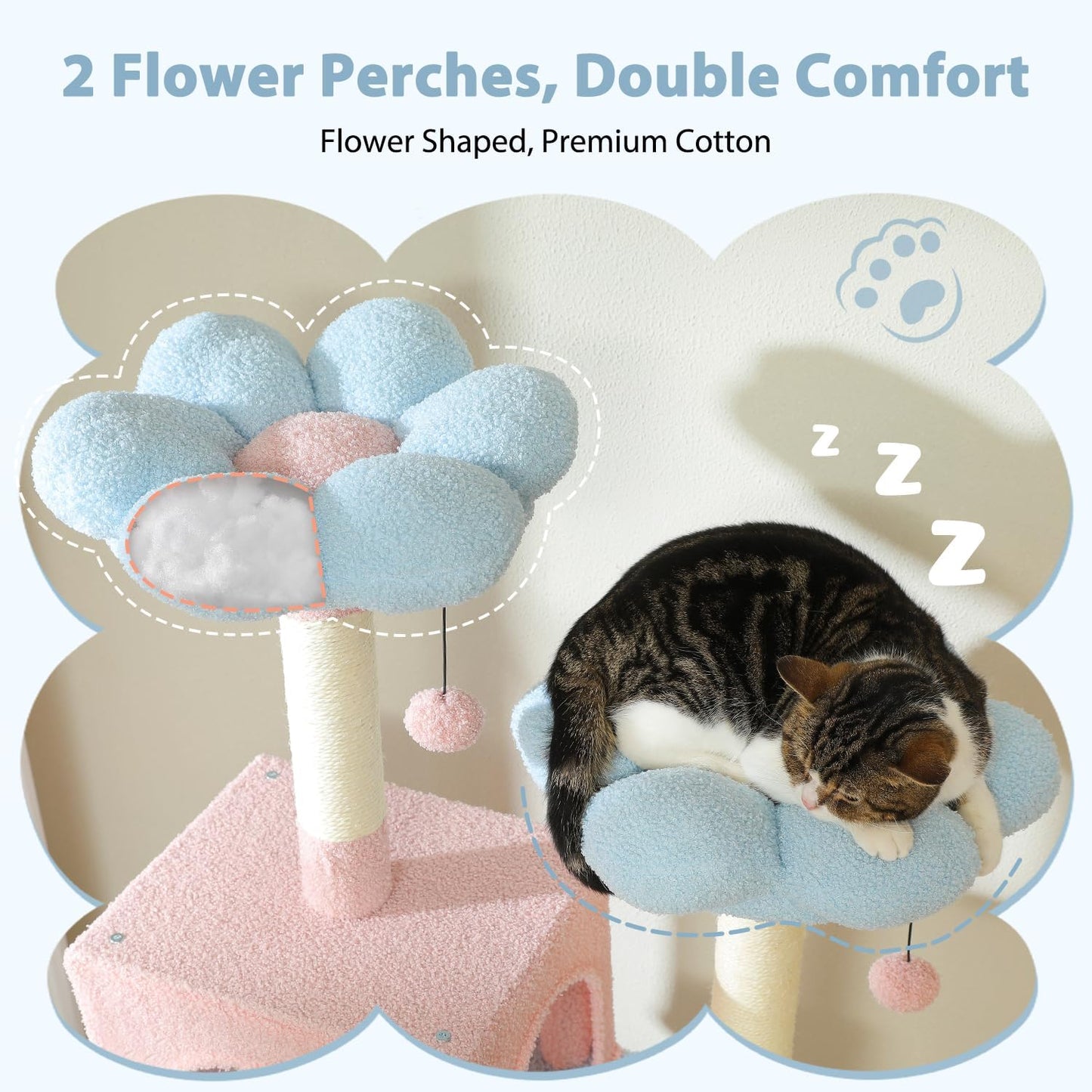 PAWZ Road Flower Cat Tree, 72 Inches Large Cat Tower with Steel Frame Hammock and 7 Scratching Posts, Tall Cat Tree with 2 Condos and Perches for Large Indoor Cats - Blue