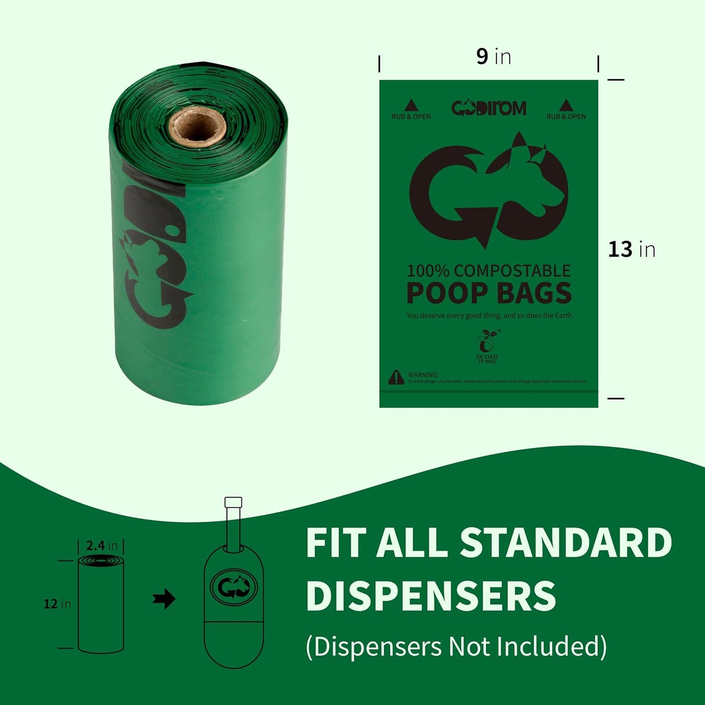Certified 100% Compostable Poop Bags for Dogs, 120 Count Guaranteed Leak Proof and 18 Microns Extra Thick Dog Waste Bag, 18 Rolls of Plant Based Doggie Poop Bag, No Scented with ASTM D6400 & EN13432
