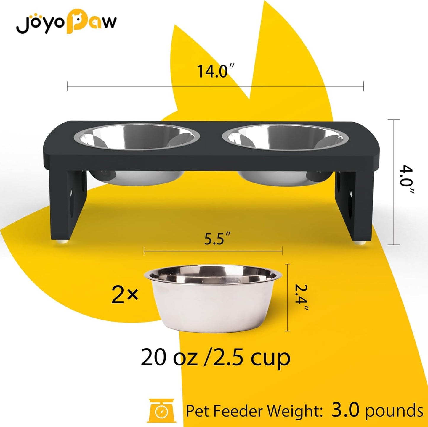 Elevated Dog Bowls, Bamboo Raised Dog Bowl for Small Dogs & Cats, with 2 Stainless Steel Bowls (4'' Tall-20oz Bowl, Black)