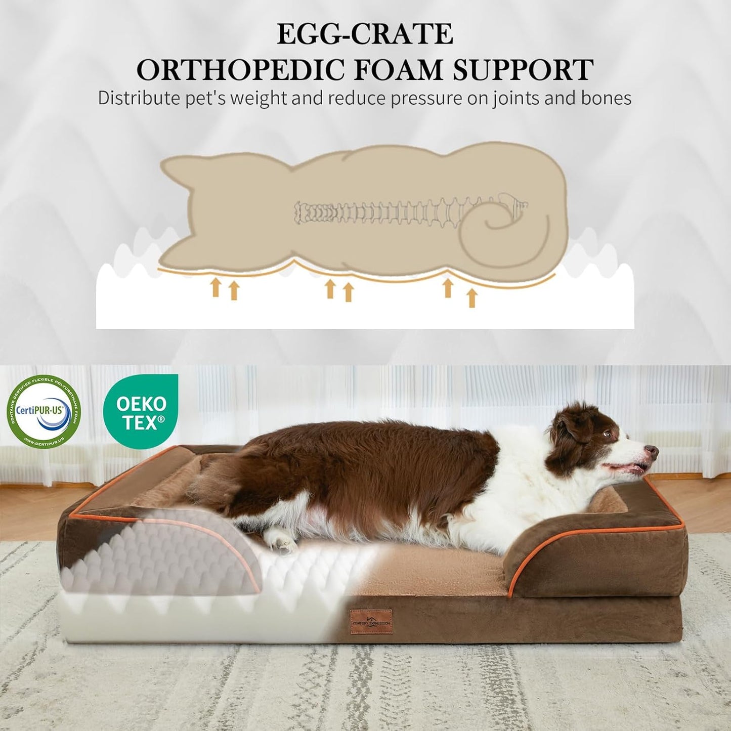 Comfort Expression Dog Beds for Extra Large Dogs, Waterproof Orthopedic Foam XL Dog Beds with Bolster, Washable Dogs Bed Sofa Pet Bed with Removable Cover & Non-Slip Bottom(X-Large,Brown)